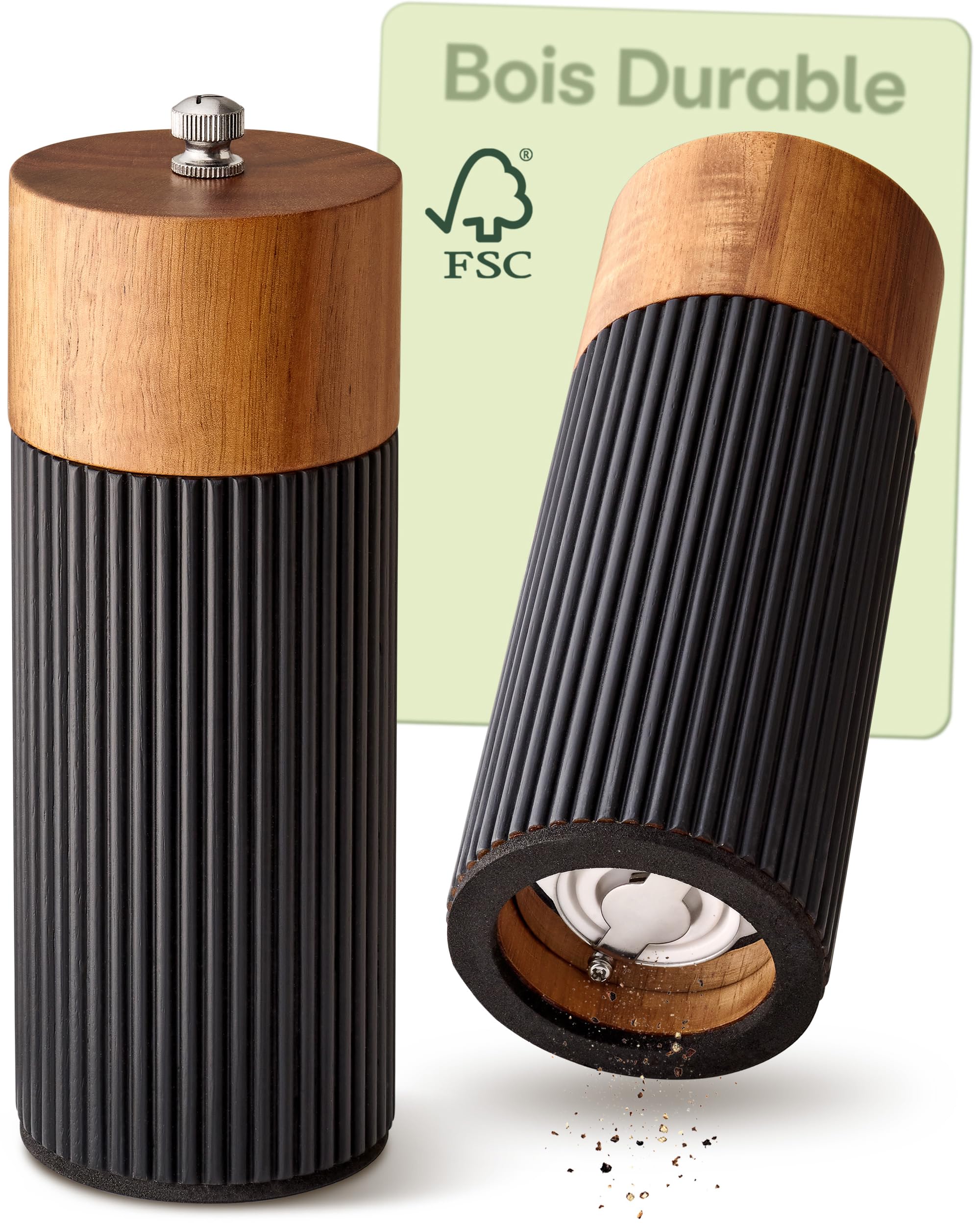 Moulin à Poivre et Sel Manuel en Bois d'Acacia FSC® avec Mécanisme Céramique Réglable Noir Petit