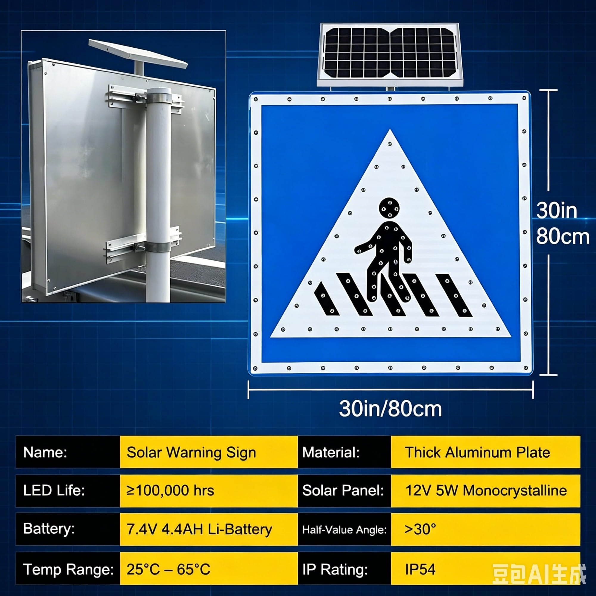 Señal de advertencia de tráfico for cruce de peatones con luz LED solar, aluminio reflectante IP65, visibilidad de más de 1000 m for seguridad de peatones, 24"/30"(30in)