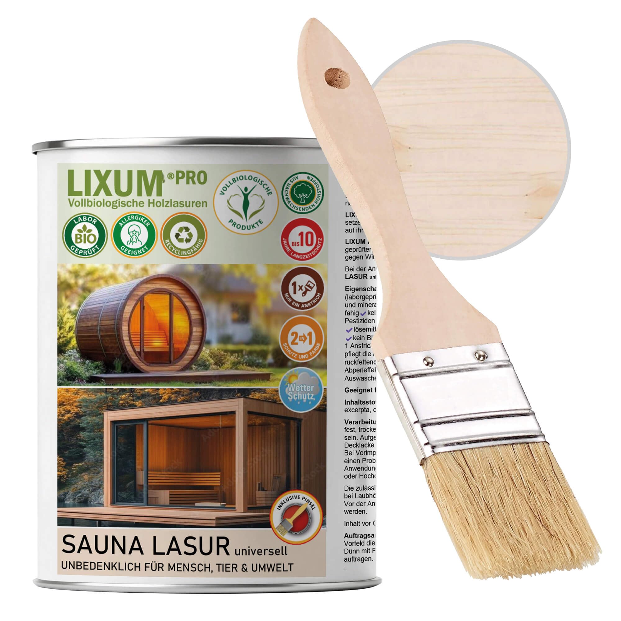 PRO 100% biologische & natürliche BIO Sauna & Fasssauna Holzlasur - Holzschutz & Holzpflege, Farbe: farblos 0.00, Inhalt:500 ml (ca.15m²)