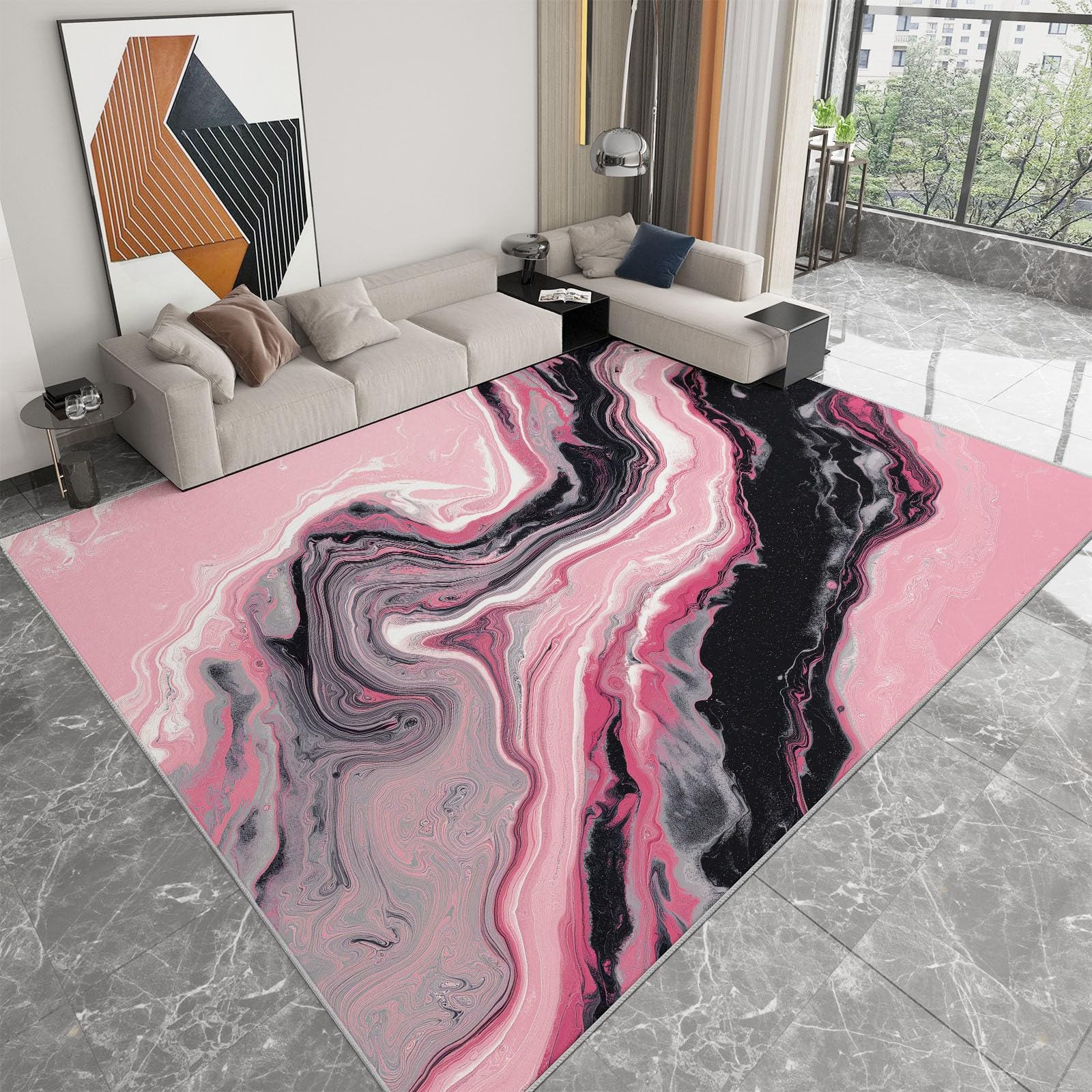 Générique Dywan do salonu z krótkim włosiem - 120 x 160 cm Śliczny płynny marmur, dziecięcy antypoślizgowy dywan do salonu duży do sypialni biura hotel korytarz wystrój różowy