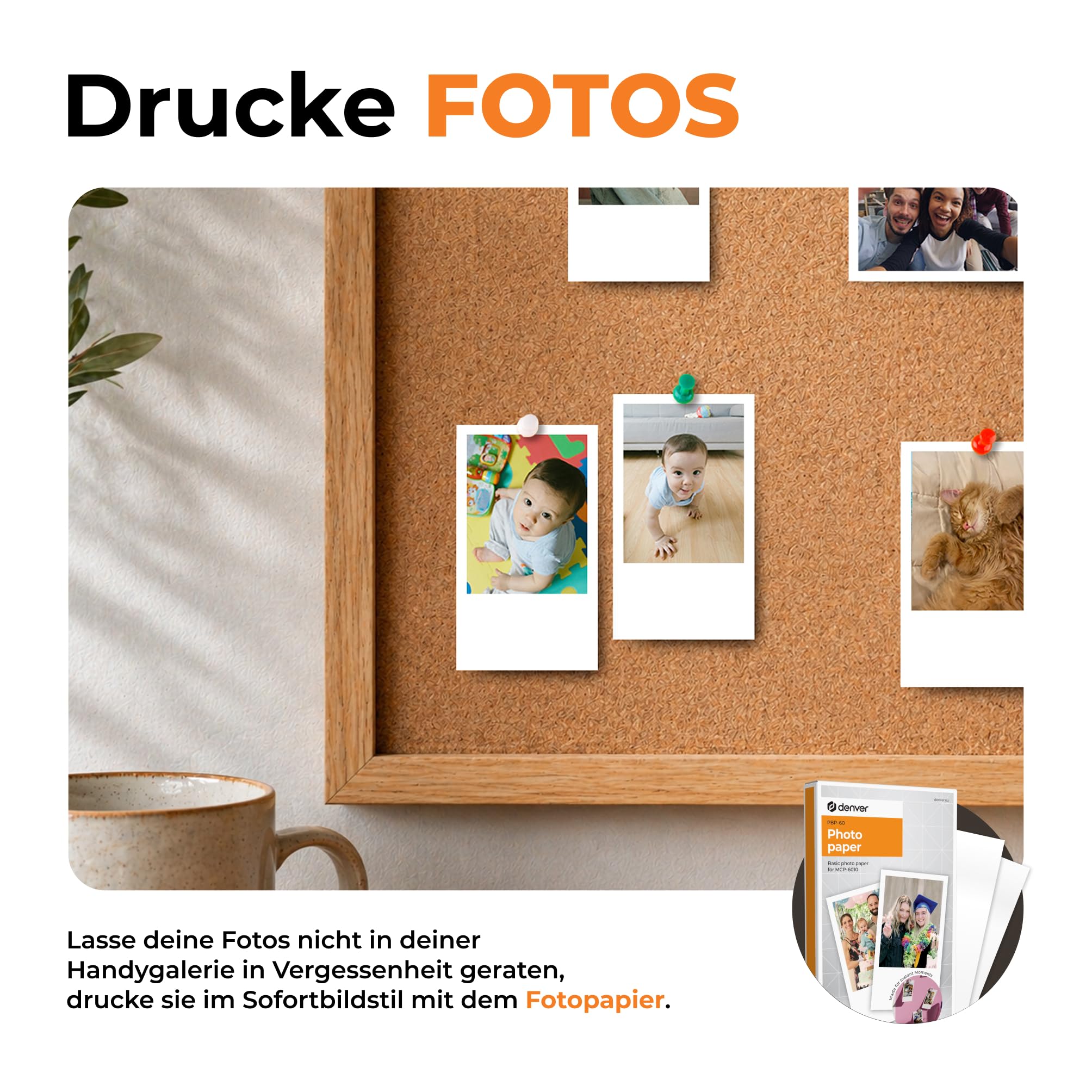 Denver MCP-6010 Mini Fotodrucker für Smartphone, mobiler Farbdrucker mit Bluetooth 5.2, 600 DPI, iOS & Android, tragbarer Fotodrucker mit Akku, inkl. Patrone & 20 Blatt Fotopapier Set