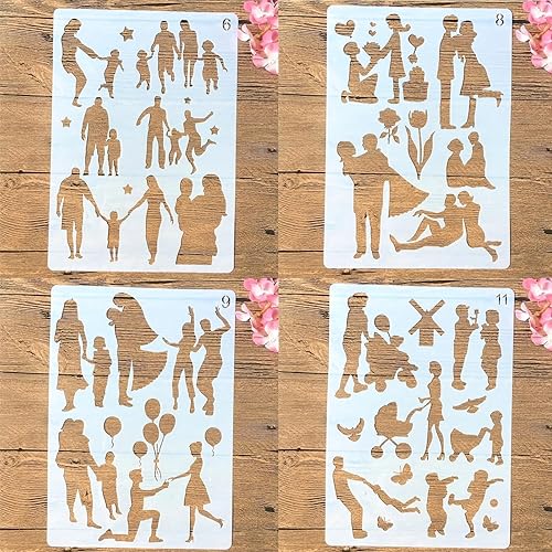 4 plantillas de familia para amantes de la pintura reutilizables para padres, pareja, plantillas de capas para manualidades, álbumes de recortes,