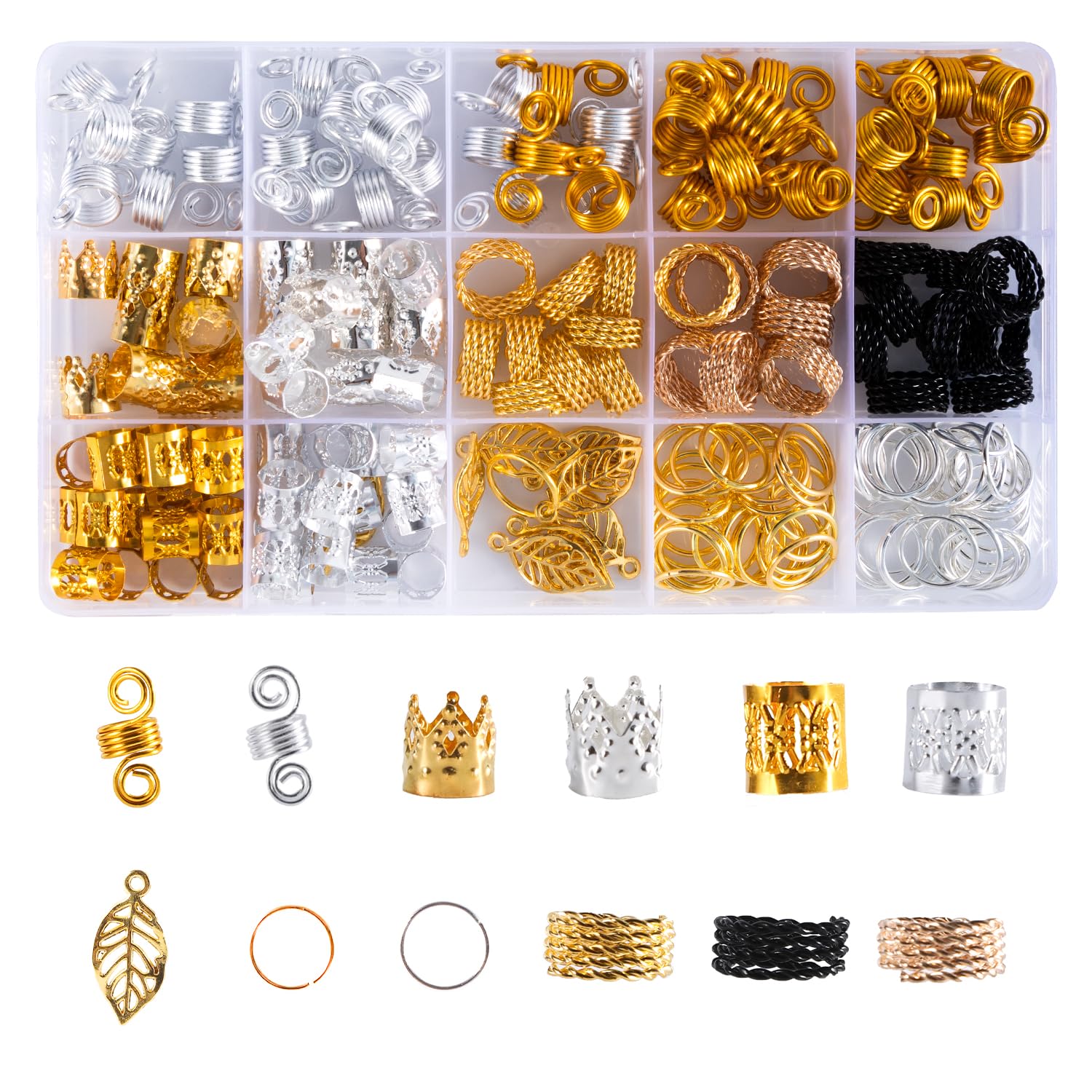 Juego de 200 Piezas de Joyas para Dreadlocks, Anillos de Cabello Ajustables, Espirales para el Cabello de Metal, Decoración de Trenzas para Hombres y Mujeres, Oro y Plata