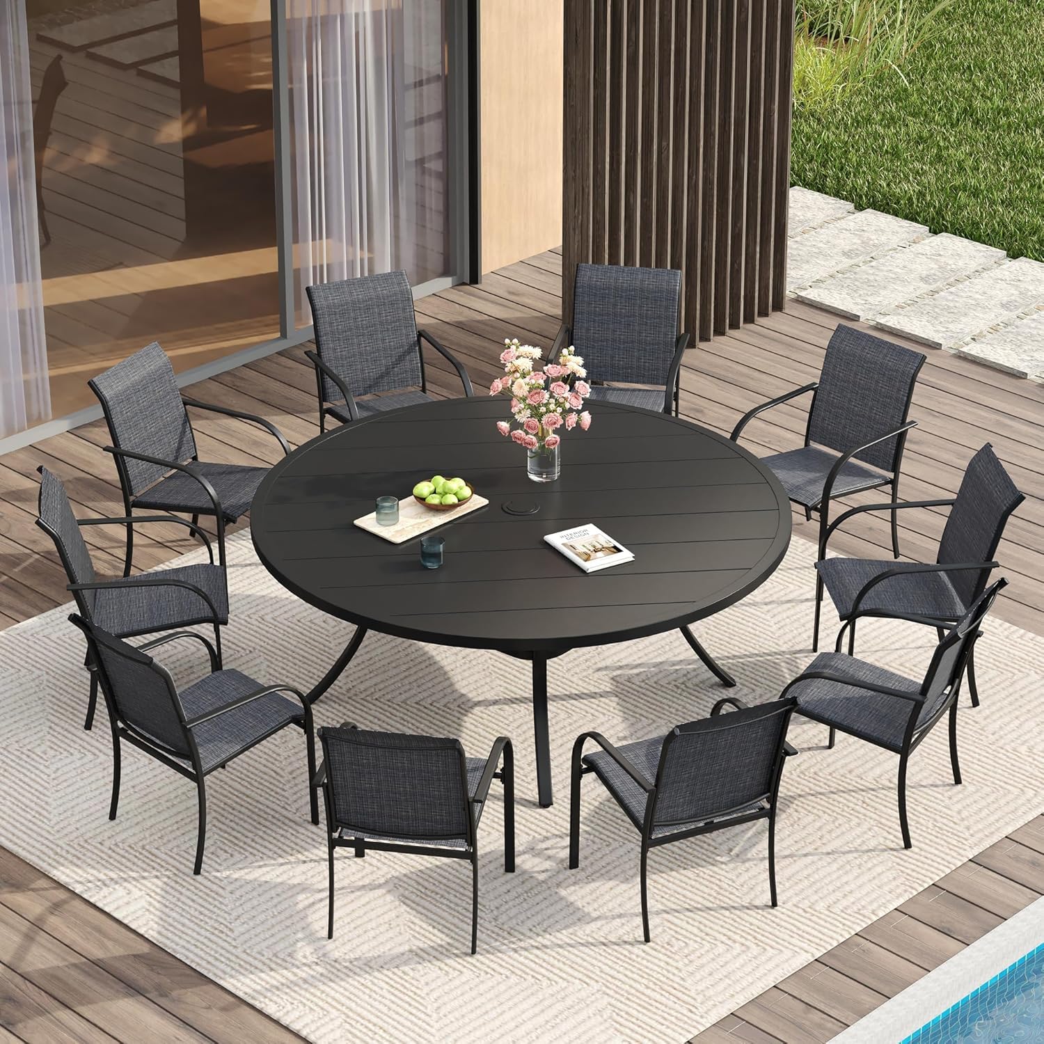 VICLLAX Large Patio Dining Furniture Set, Outdoor Dining Set for 10-60" Round Outdoor Table and Patio Stackable Chairs, Black Tabletop and Grey Fabric