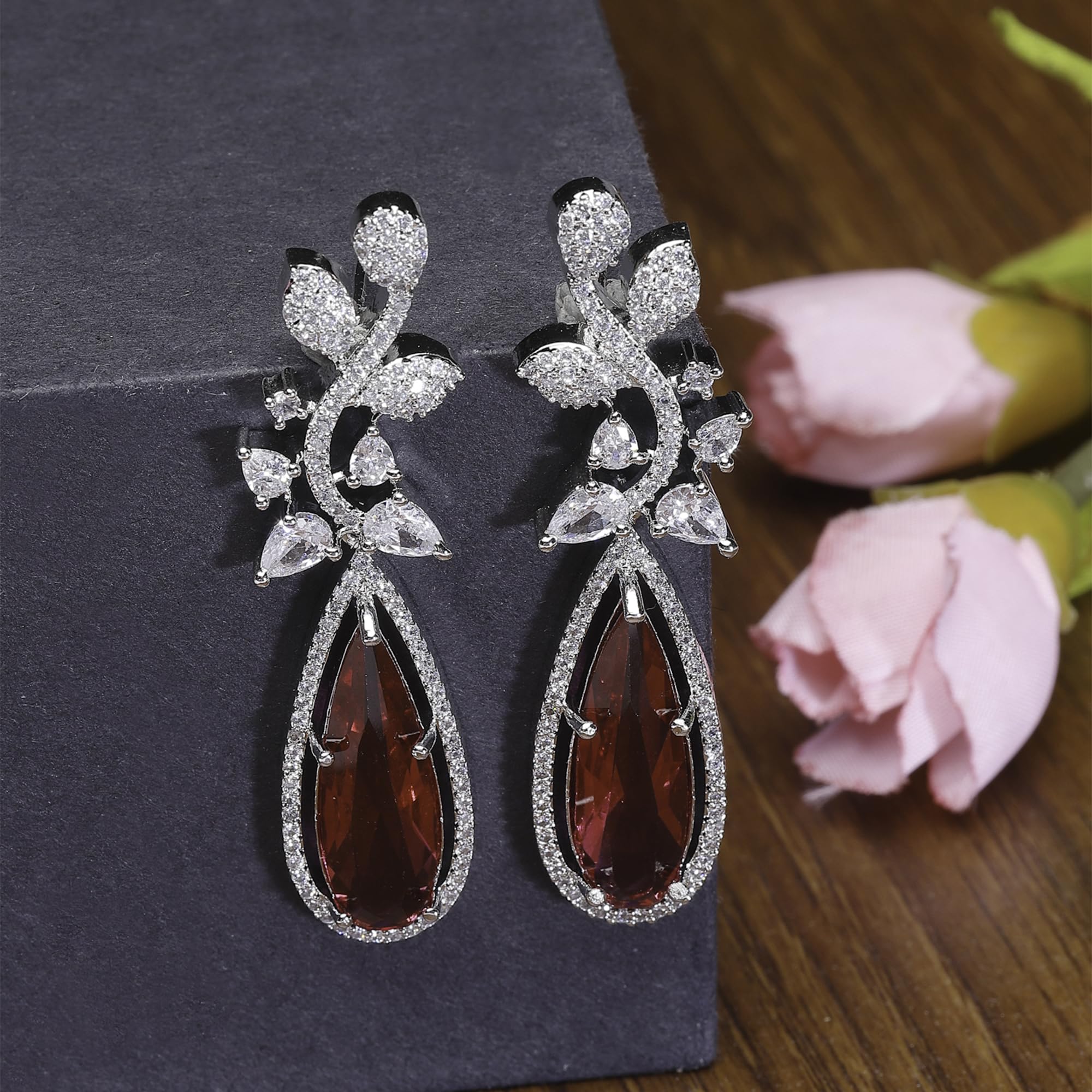Rhodium-Plated Teardrop & Leaf Drop Earrings