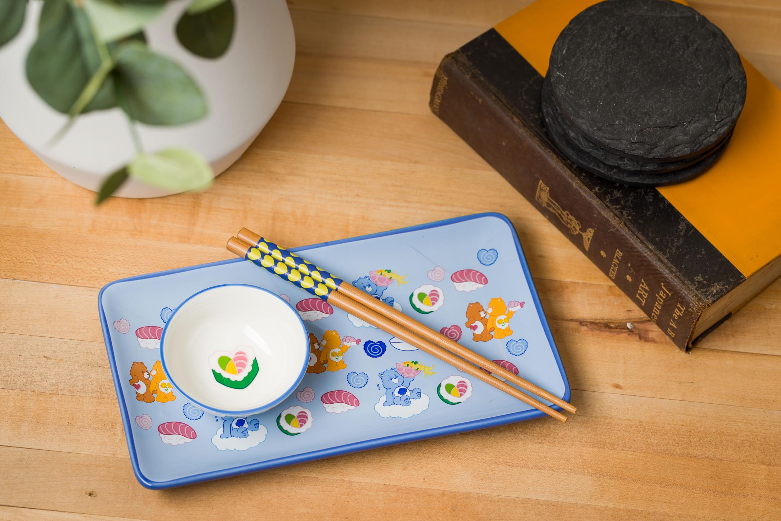 Silver Buffalo Sanrio Kawaii Ceramic Sushi Set with Dipping Sauce Dish and Matching Chopsticks: Care Bears Sushi and Ramen