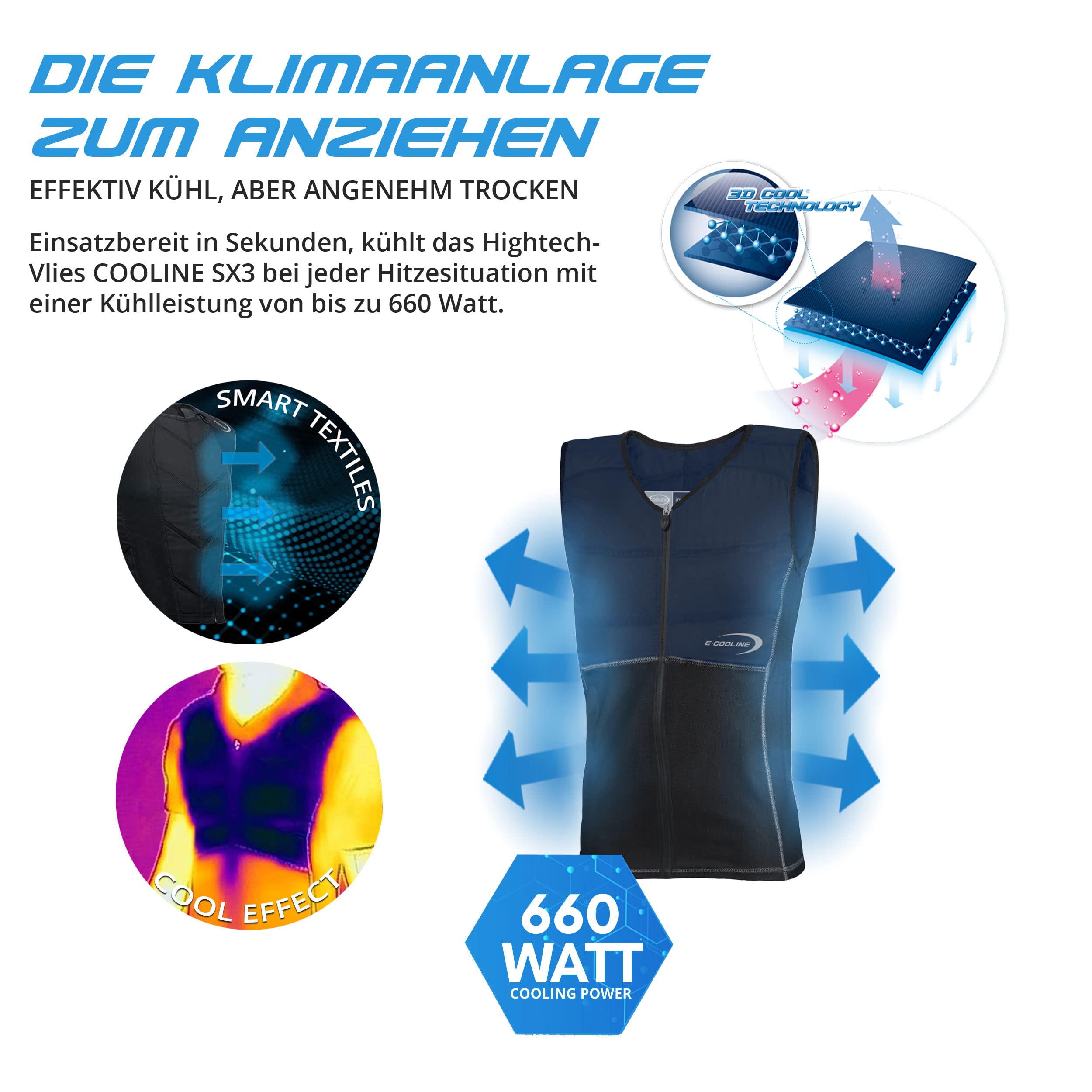 E.COOLINE CoolKids SX3 ShirtWeste für Kinder blau/schwarz - Kühlweste Kids - Klimaanlage zum Anziehen - Kühlung bei Hitze für Kleine - waschbar - Made in Germany