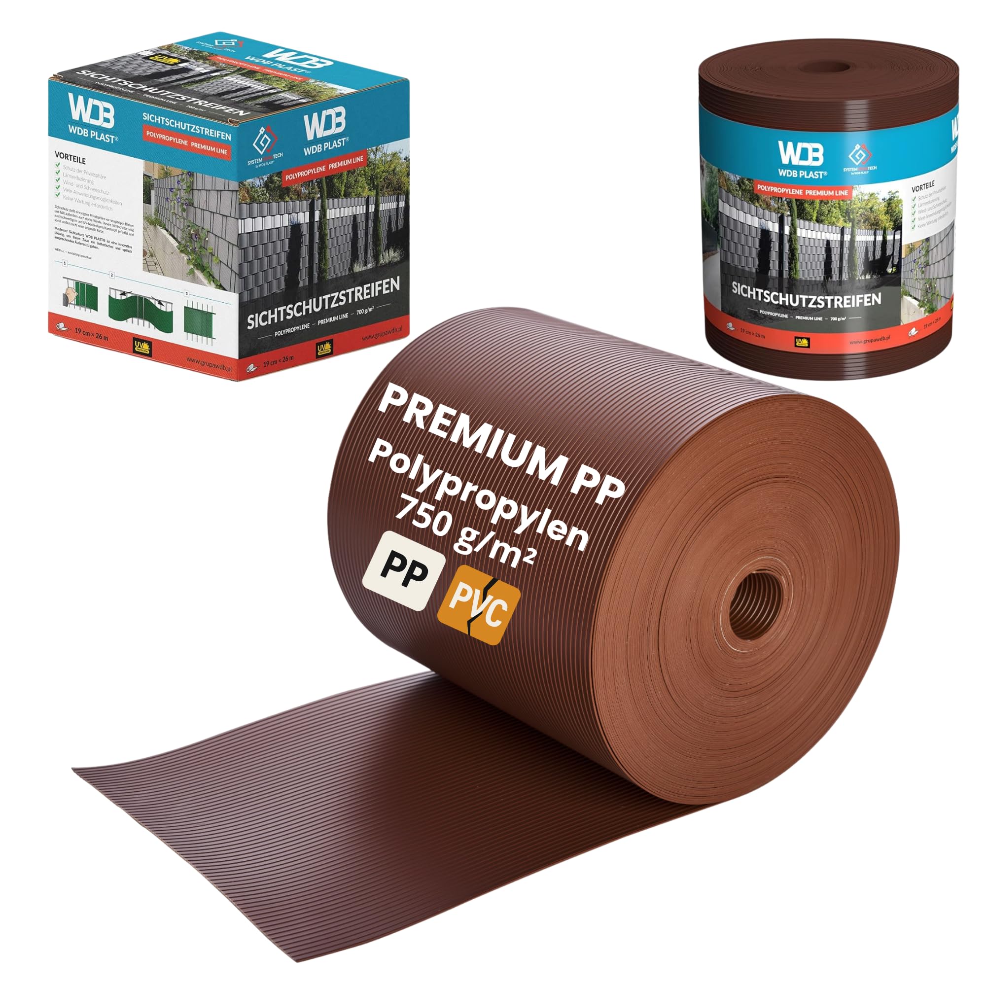 WDB - Sichtschutzstreifen für Doppelstabmatten Sichtschutz Zaun - 19 cm x 26 m - Hart PP Windschutz Premium Line - Braun - RAL 8011