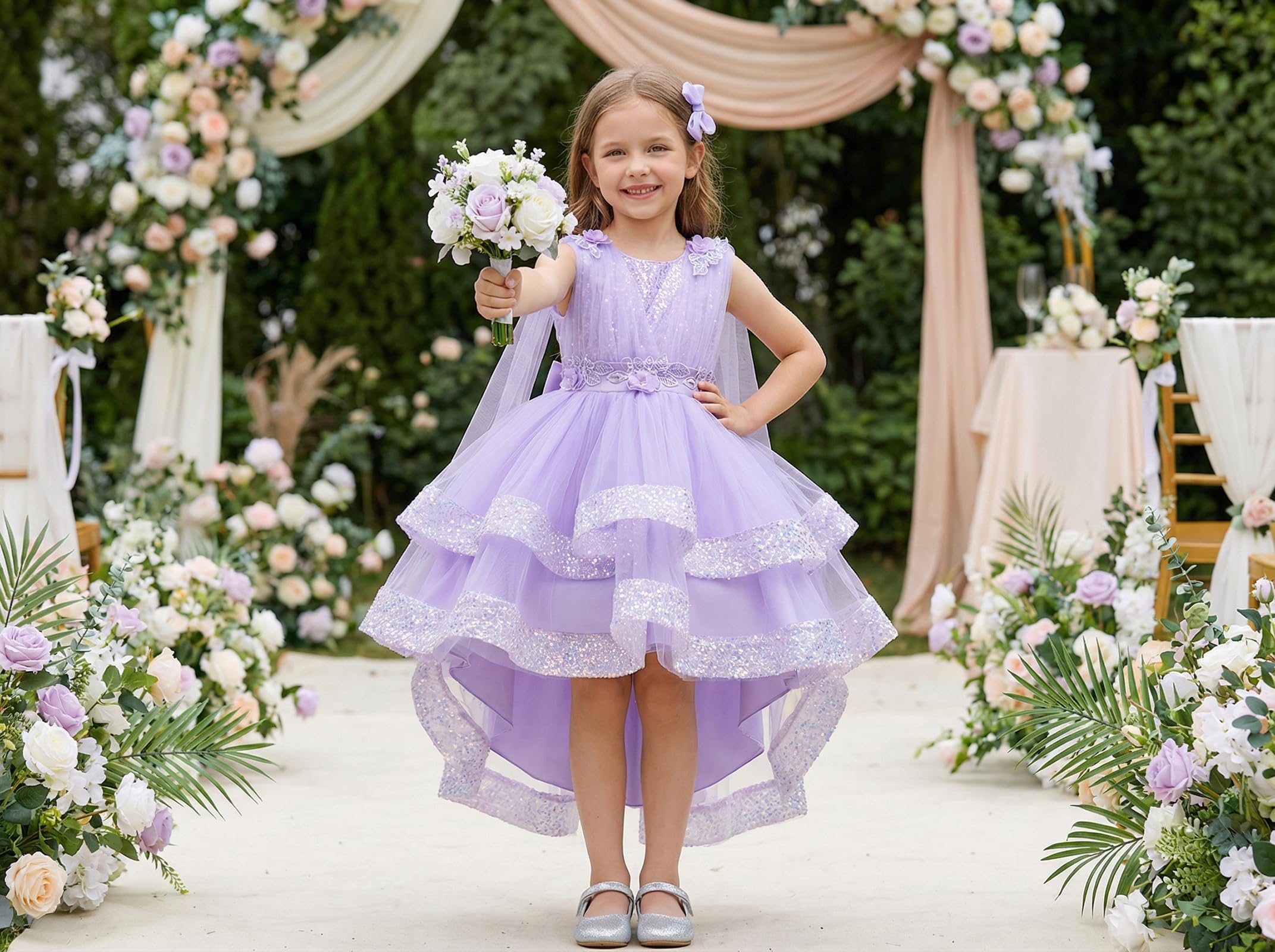 ABEHIK Mädchen Paillettenkleider mit Netzstoff, ärmellos, Poncho-Kleid für Party, Blumenmädchen, Tüll, Geburtstag, Hochzeitskleid