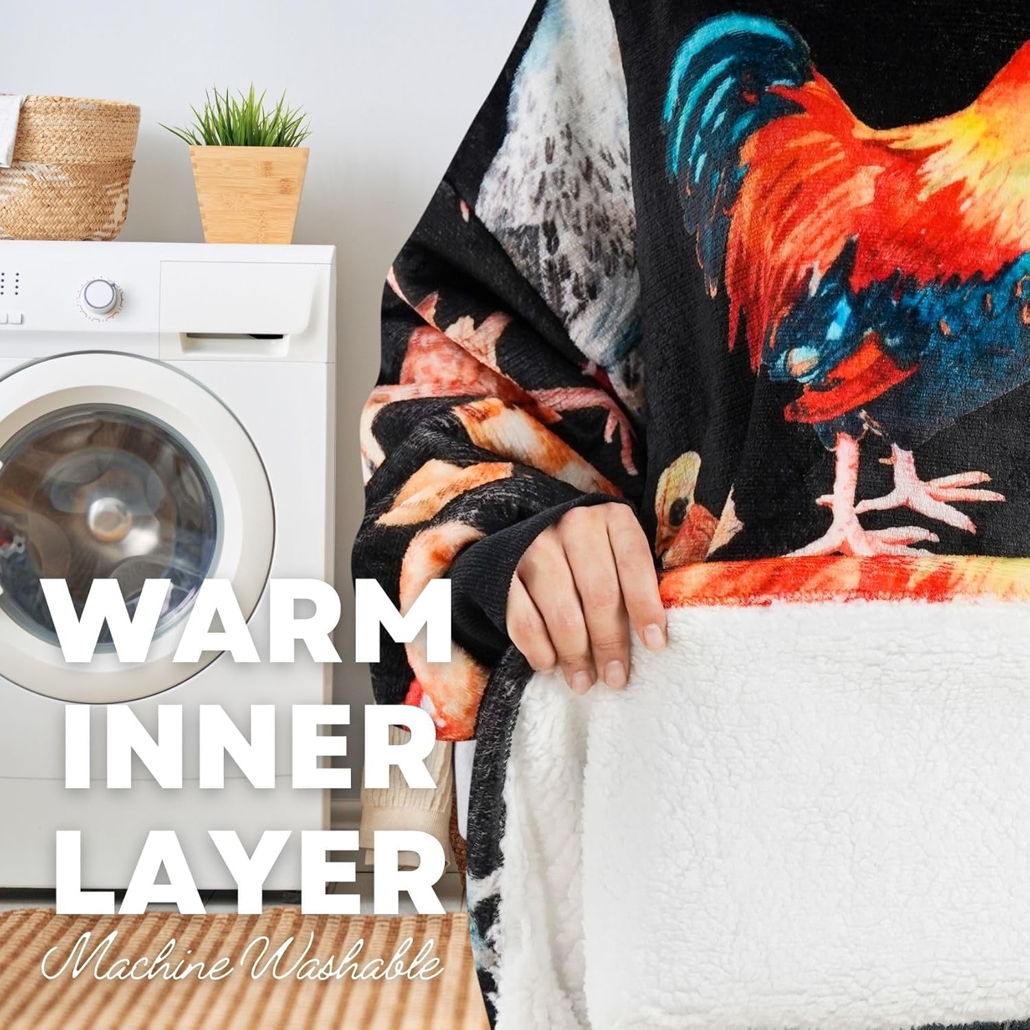 Chicken Gifts for Women Men, Rooster Lovers, Farmers, Wearable Flannel Plush Blanket with Hood, Super Soft Warm Cozy Sweatshirt with Giant Pockets, One Size Fits Most, Black