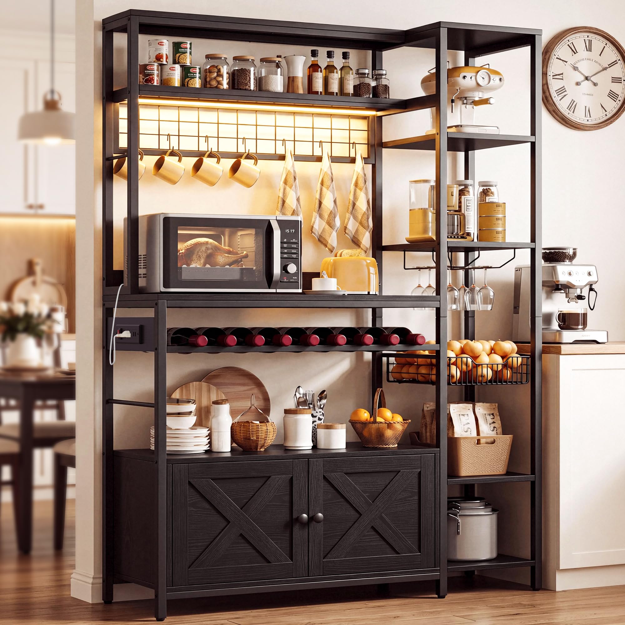 IRONCK Bakers Rack with Cabinet and LED Light, Coffee Bar Cabinet, Black
