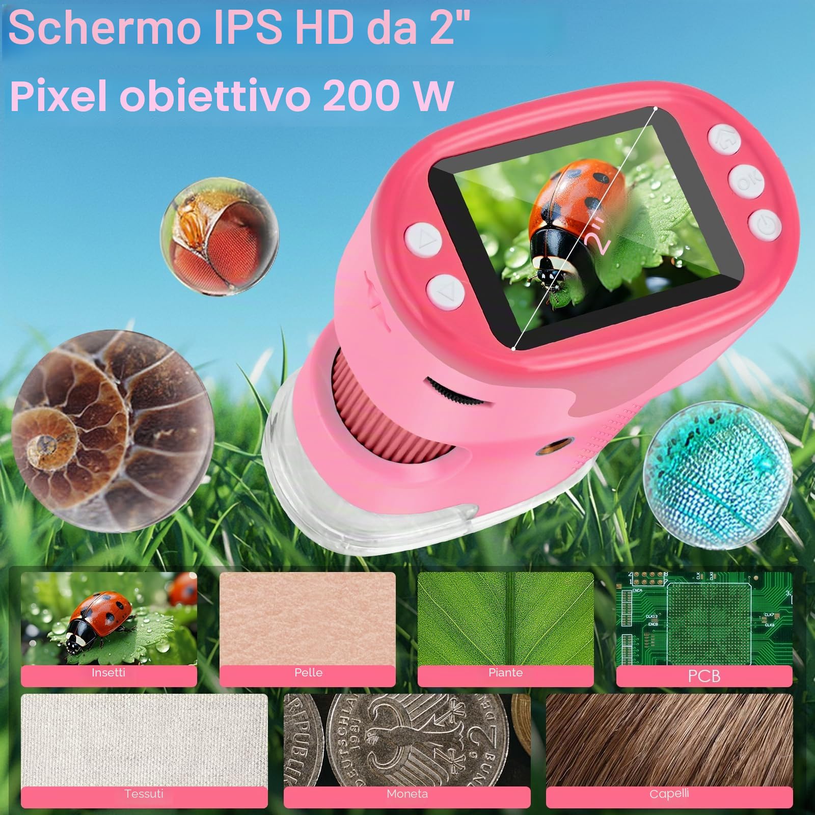 Microscopio per bambini, Vankarr 1000X Microscopio tascabile digitale portatile Mini microscopio per cellulare con scheda SD da 32GB, schermo IPS da 2 pollici, vetrini portaoggetti, regalo per bambini