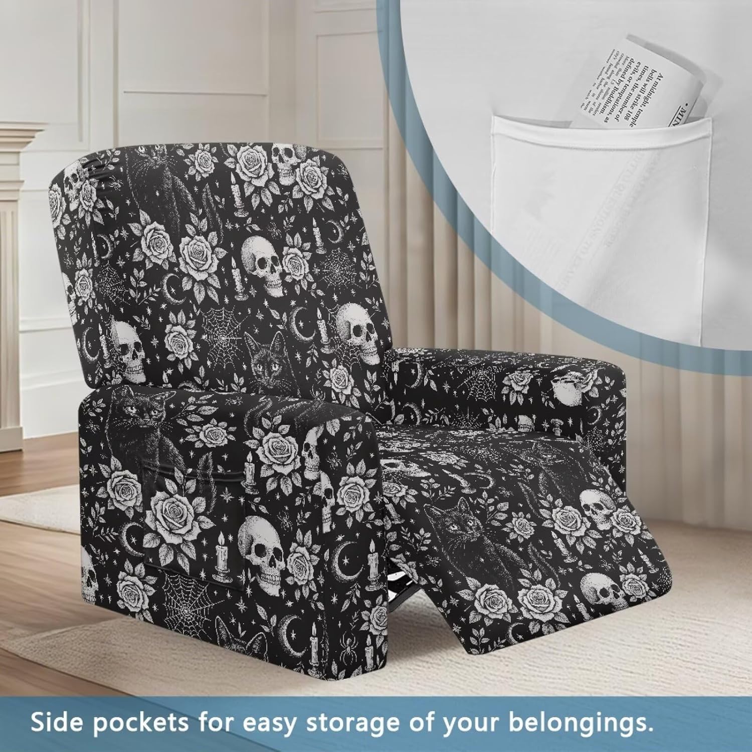 GLENLCWE Skull Recliner Slip Cover Halloween Recliner Covers Oversize Chair Protectors with Elastic, Black and White Rose Couch Covers for Sofa for Pets Living Room Home Theater