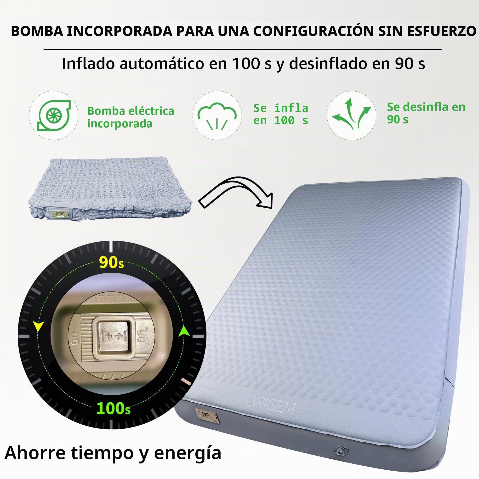 Origem Colchón Hinchable Doble Camping 200×140cm Bomba Eléctrica Integrada | 10 cm de grosor, Auto inflado y desinflado rápido, superficie de espuma para dormir en casa, camping, viajes y senderismo.