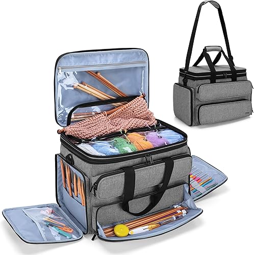 Yarwo Bolsa de hilo para tejer, bolsa de almacenamiento portátil de ganchillo con doble cubierta superior y agujeros de hilo para agujas de tejer