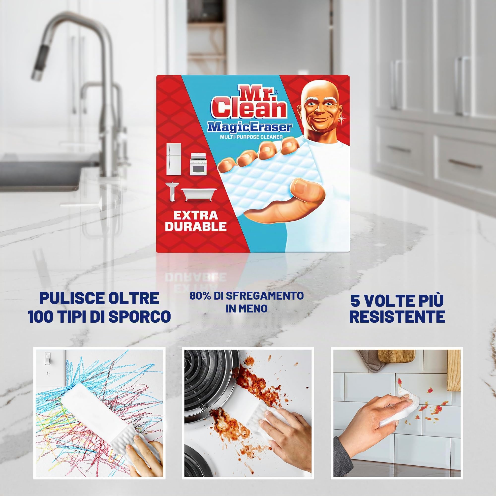 Mr. Clean Gomma magica extra resistente, multiuso, detergente per scarpe, bagno, doccia, finestrini e parabrezza, 10 pezzi