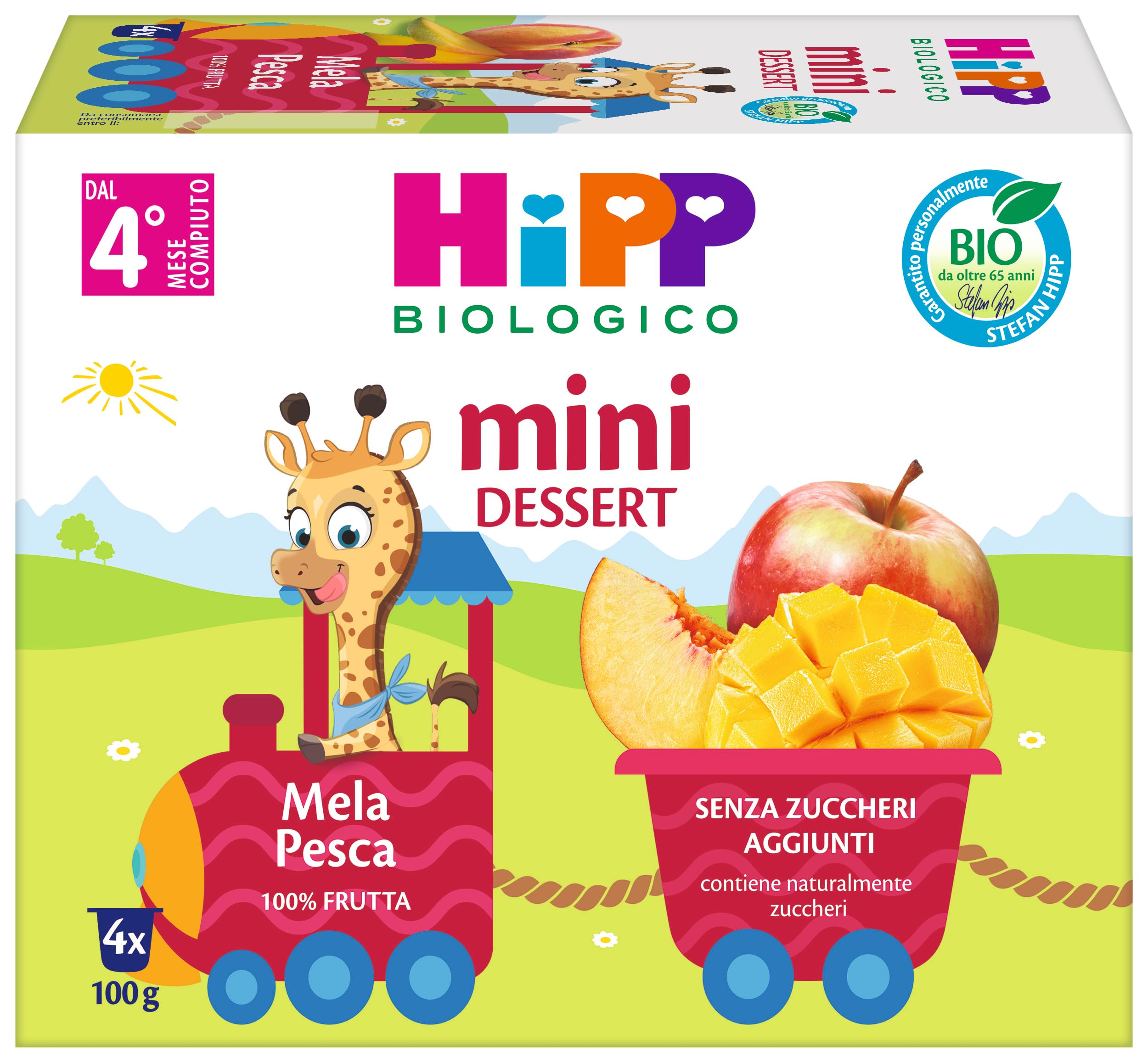 HiPP - Nuovi Mini Dessert, Frutta Grattugiata Bio, Gusto Mela e Pesca,Confezione da 24 Vasetti da 100 g