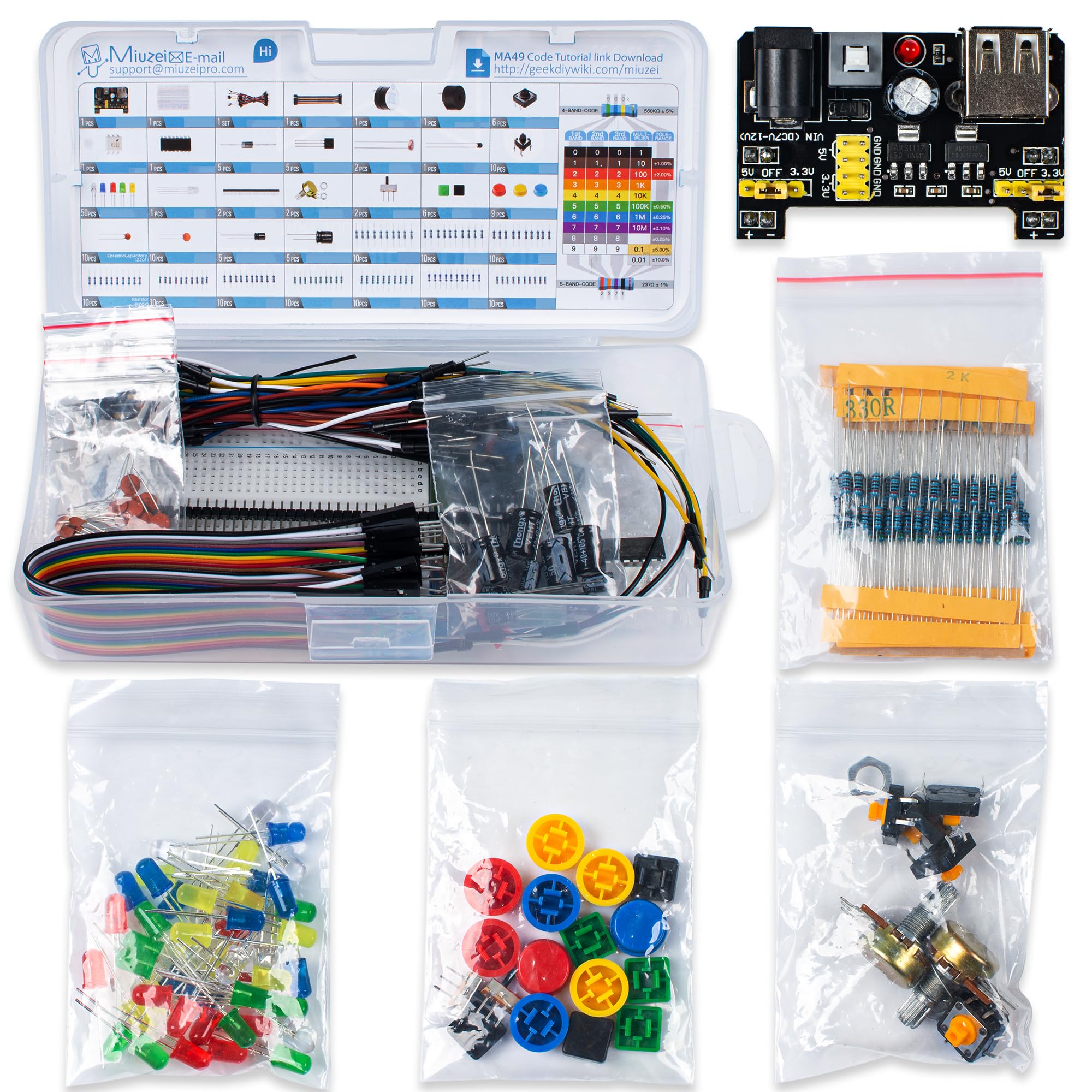 Miuzei Kit De Démarrage Basique Pour Projets Arduino, Platine D Fils De Demarrage Alimentation Resistances Led Kit Electronique Compatible Avec Arduino Raspberry Pi