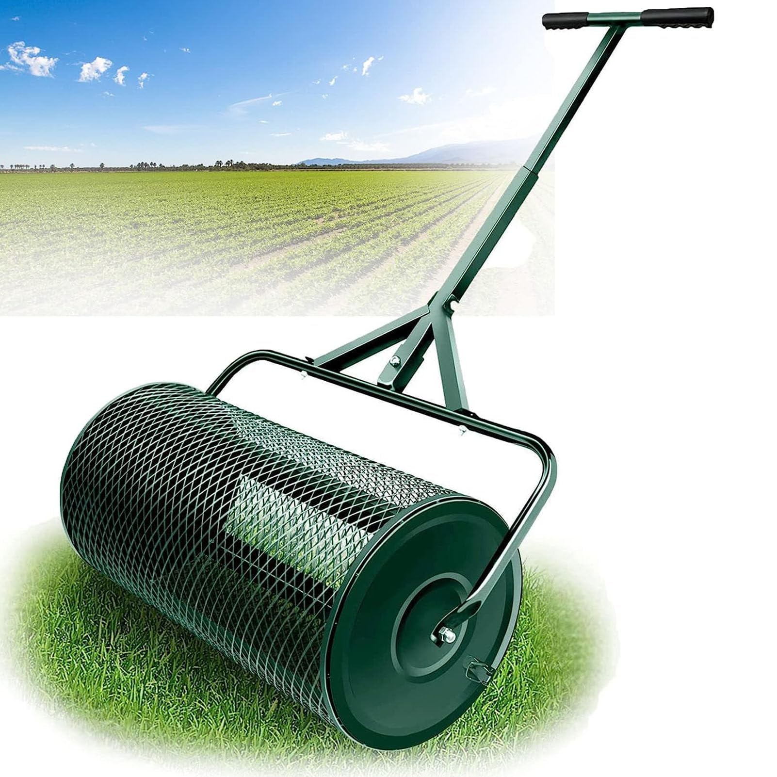 Rozrzutniki do trawników i ogrodów, rozrzutnik z metalowym koszem siatkowym 40 * 60 cm, mech torfowy kompostowy, wierzchnia warstwa gleby, ściółka, lekki, uniwersalny wałek do rozrzutnika obornika