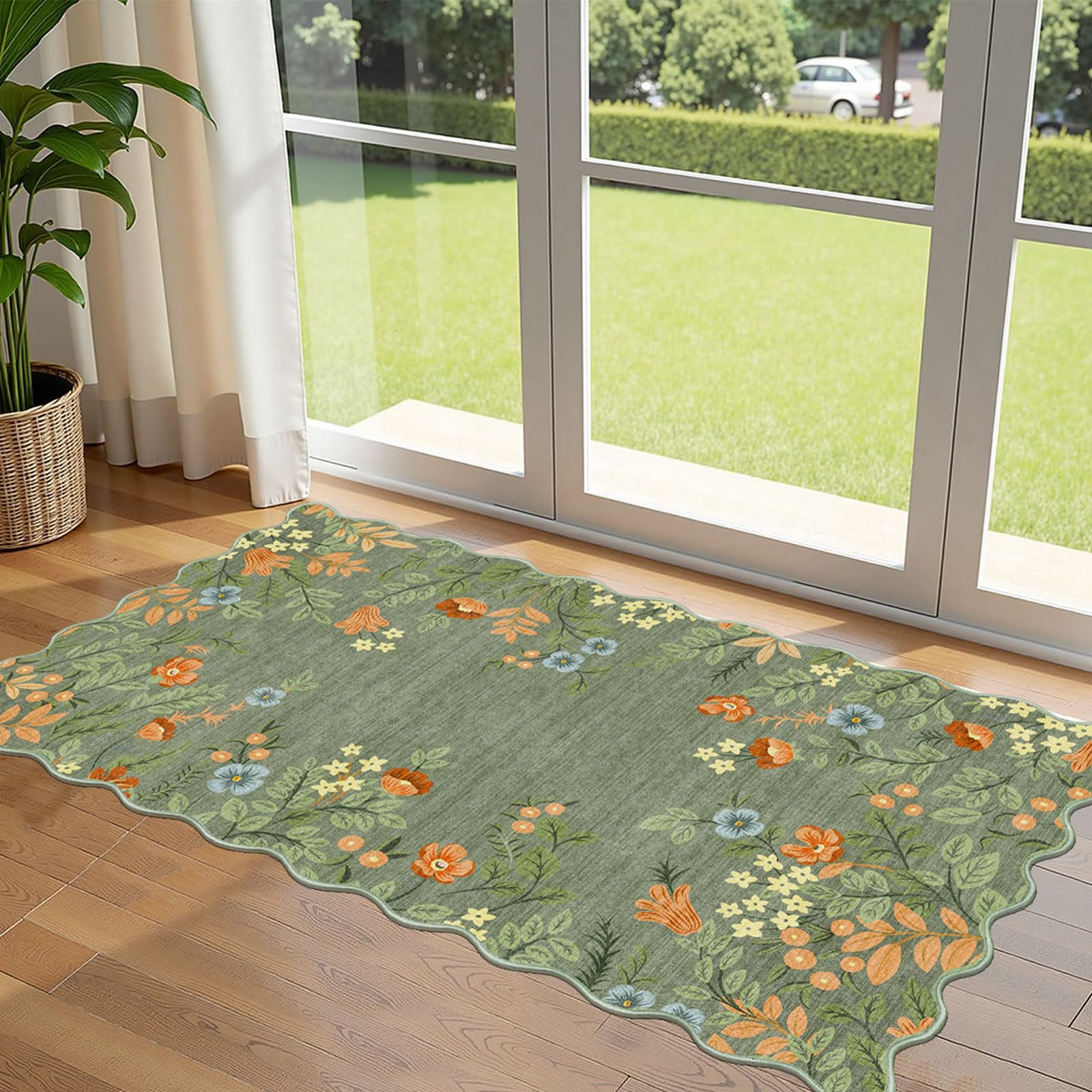 Othilic Front Door Mat Indoor Entrance - 2x4.3 Ft Sage Green Floral Washable Layered Doormat Outdoor Entrance Porch Rug Non-Slip Boho Runner Rug for Kitchen Hallway Bedroom Laundry Room Porch Decor