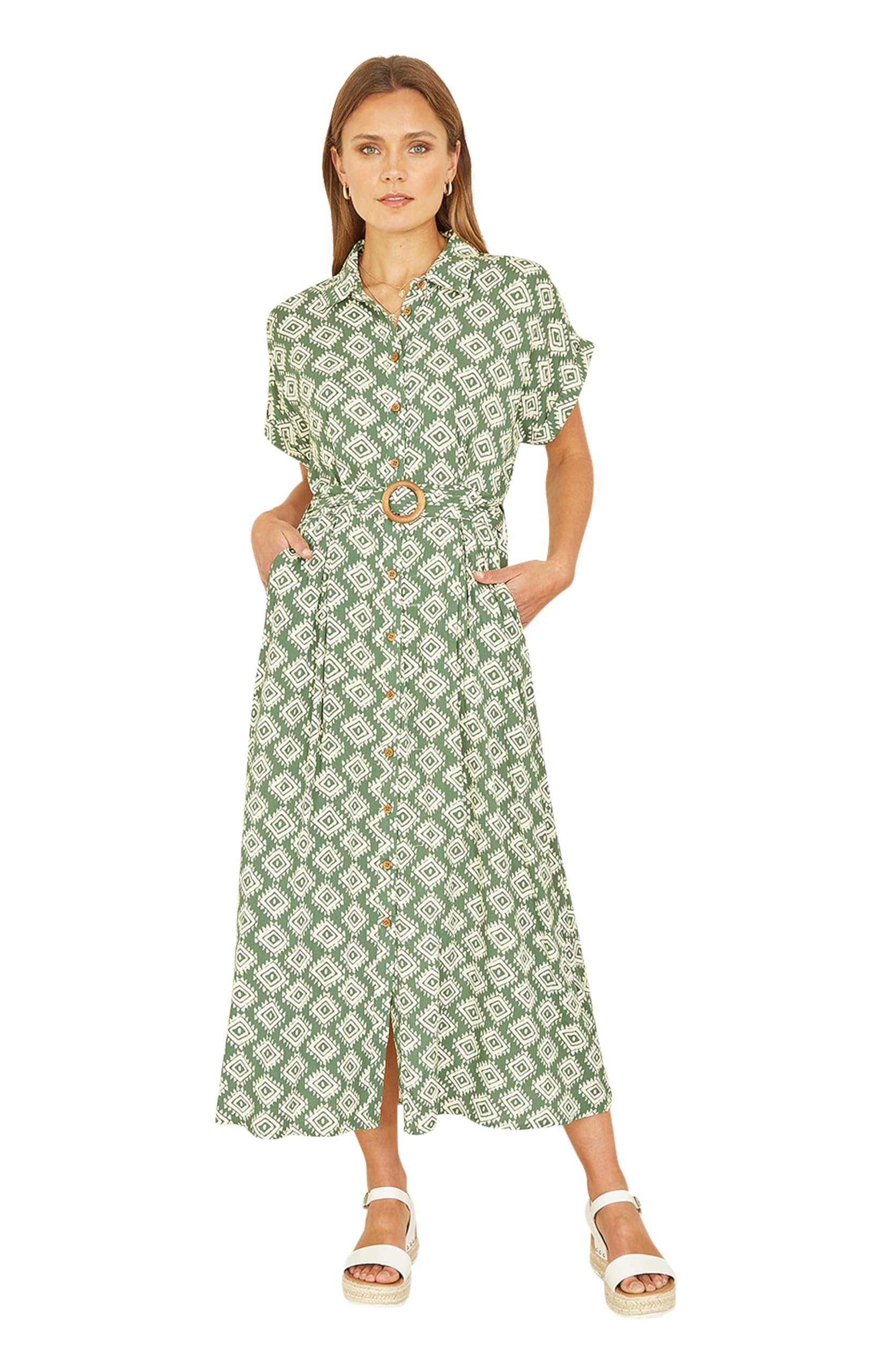 Yumi Women's Green Viscose Midi Shirt Dress With Matching Belt | Size: 14