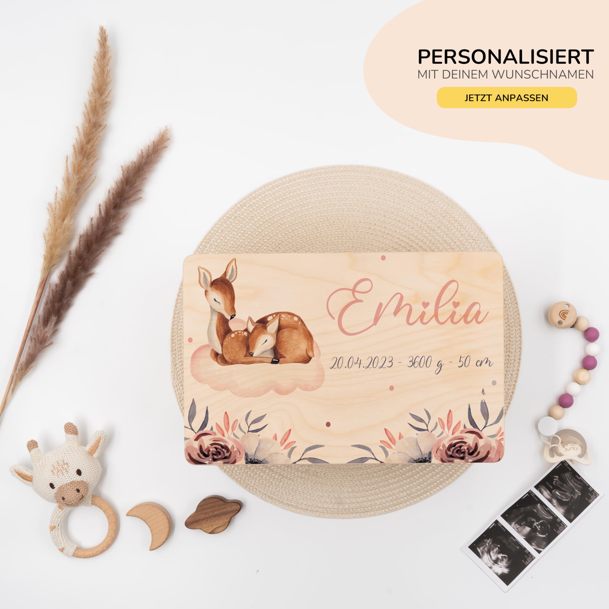 KIDSMOOD - Erinnerungsbox Baby, personalisierte Holzkiste mit Deckel, Ideal zur Aufbewahrung von Erinnerungen und als Geschenk zur Geburt, Taufe oder als Geburtstagsgeschenk für Mädchen und Jungen