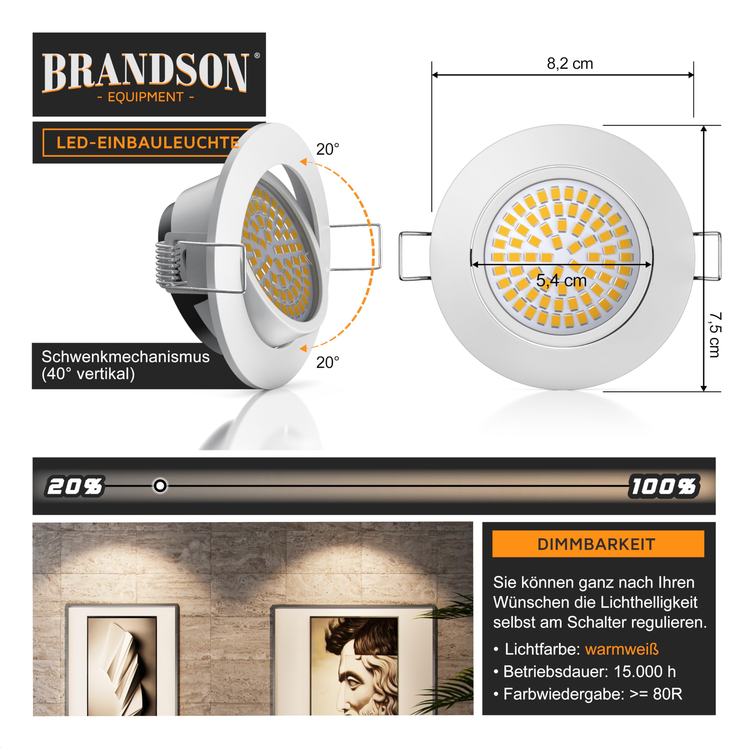 Brandson - 12x LED Deckenspot dimmbar Einbaustrahler schwenkbar - Ultra Flache Spots Einbauleuchte - Einbauspot Deckenstrahler - Abstrahlwinkel 120 Grad - 230V - weiß