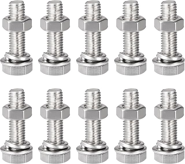 sourcing map M8 x 30mm Hex Head Screws Bolts, Nuts, Flat & Lock Washers Kits, 304 Stainless Steel Fully Thread Hexagon Bolts 10 Sets