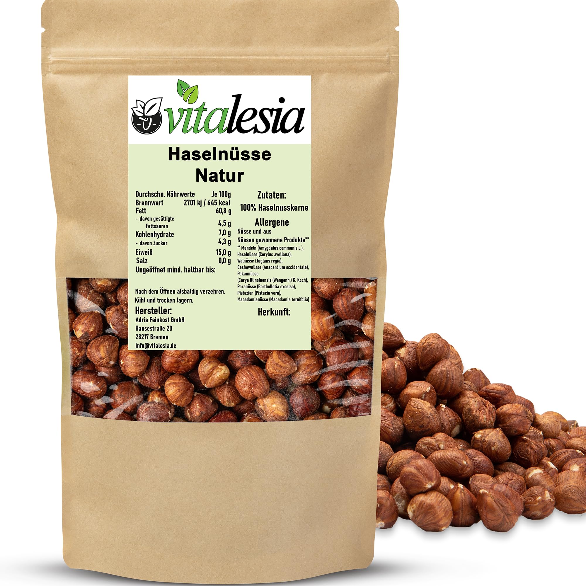 Vitalesia Haselnüsse 1kg | naturbelassen & ungeröstet | ganze Kerne mit Haut | ohne Zusätze | Premium Nüsse aus der Türkei | roh & ungeröstet | vegan