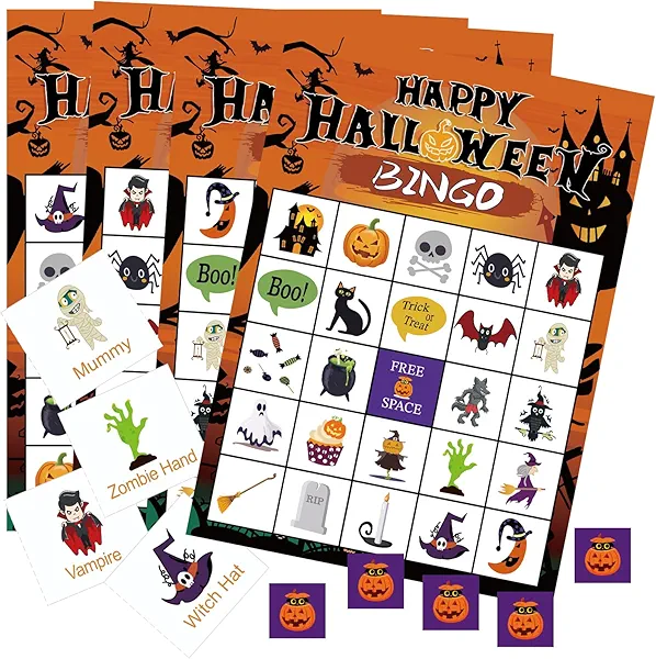 Halloween Bingo Game,24 Players Halloween Bingo Cards,Halloween Party Game for Classroom Activities, School Carnivals, Office Events, Family Nights, and Holiday Entertainment,Halloween Party Supplies