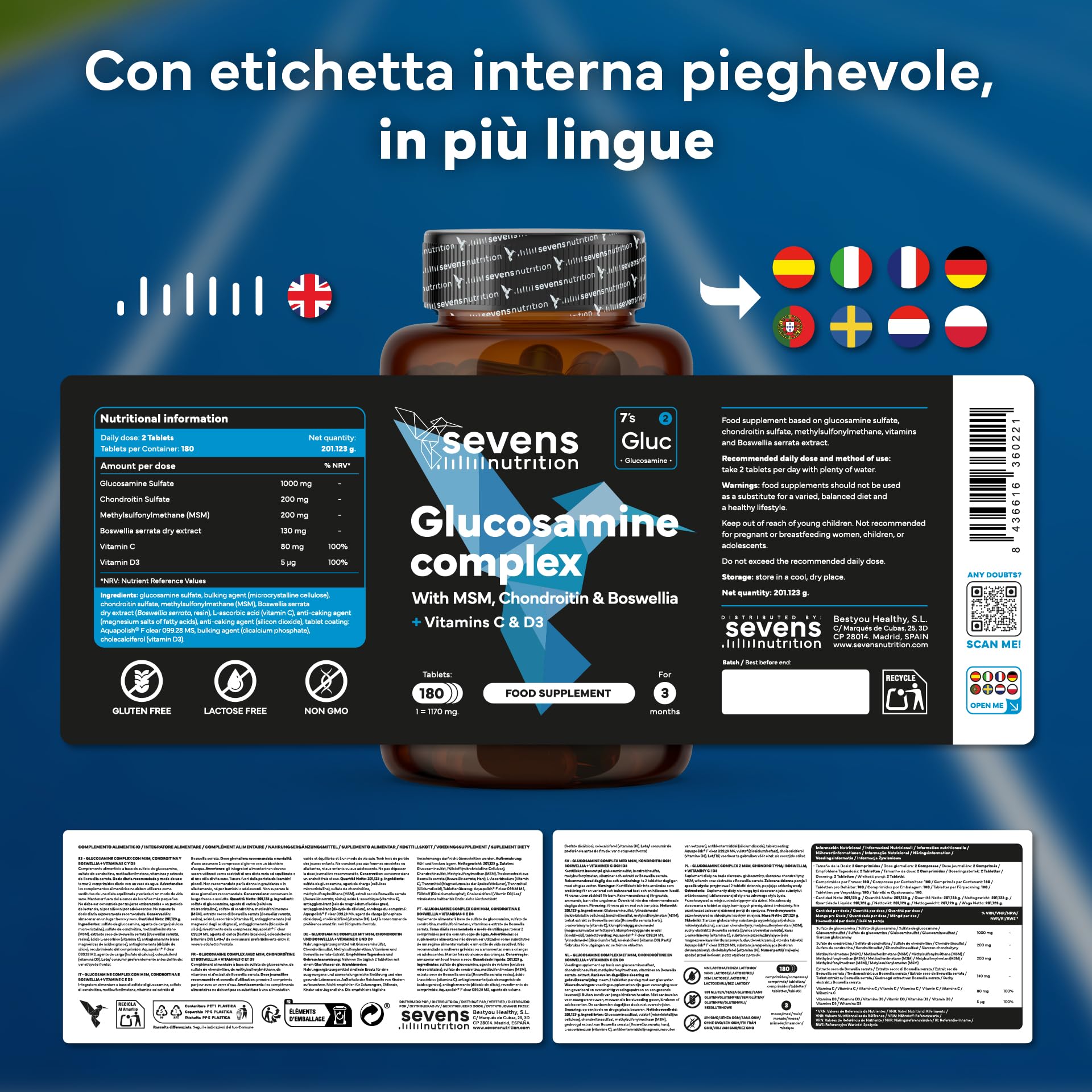 Glucosamina, Condroitina e MSM – Integratore per Articolazioni, Cartilagine e Ossa – Formula con Boswellia, Vitamine C e D3 – 180 Capsule ad Alta Densità – Sevens Nutrition