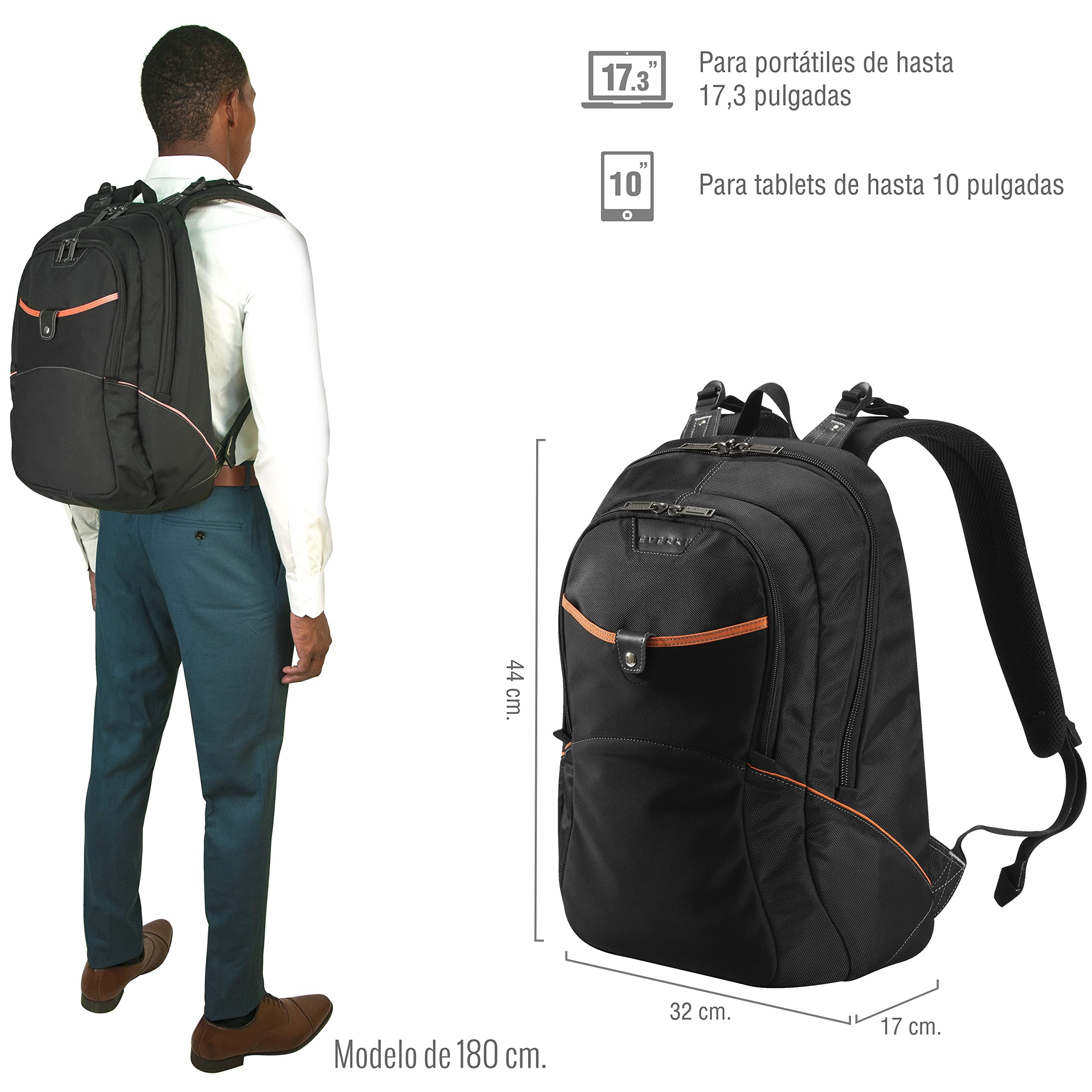 Everki Glide mochila para portátil 17,3" para mujer y hombre – robusta y repelente al agua, con tiras reflectantes para estudios, viaje o moto – Negro (EKP129)