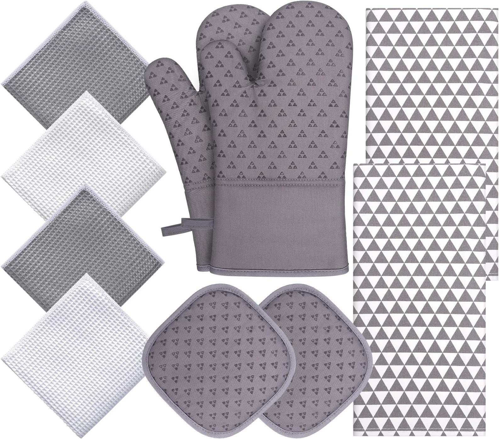 Oven Mitts and Pot Holder Sets with Kitchen Towels and Placemats, 10PCS 500 Degree Heat Resistant Soft Lining Oven Mitts, Quick Drying Dish Towel for Kitchen Baking BBQ Grilling (Grey)
