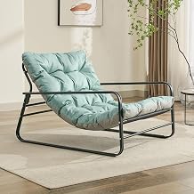 Accent Chair Metal Framed Armchair,Indoor & Outdoor Oversized Sling Recliner Chair, Support 500lbs with Extra Thick Double-Sided Cushion,for Living Room,Bedroom,Balcony,Teal Blue/Grey