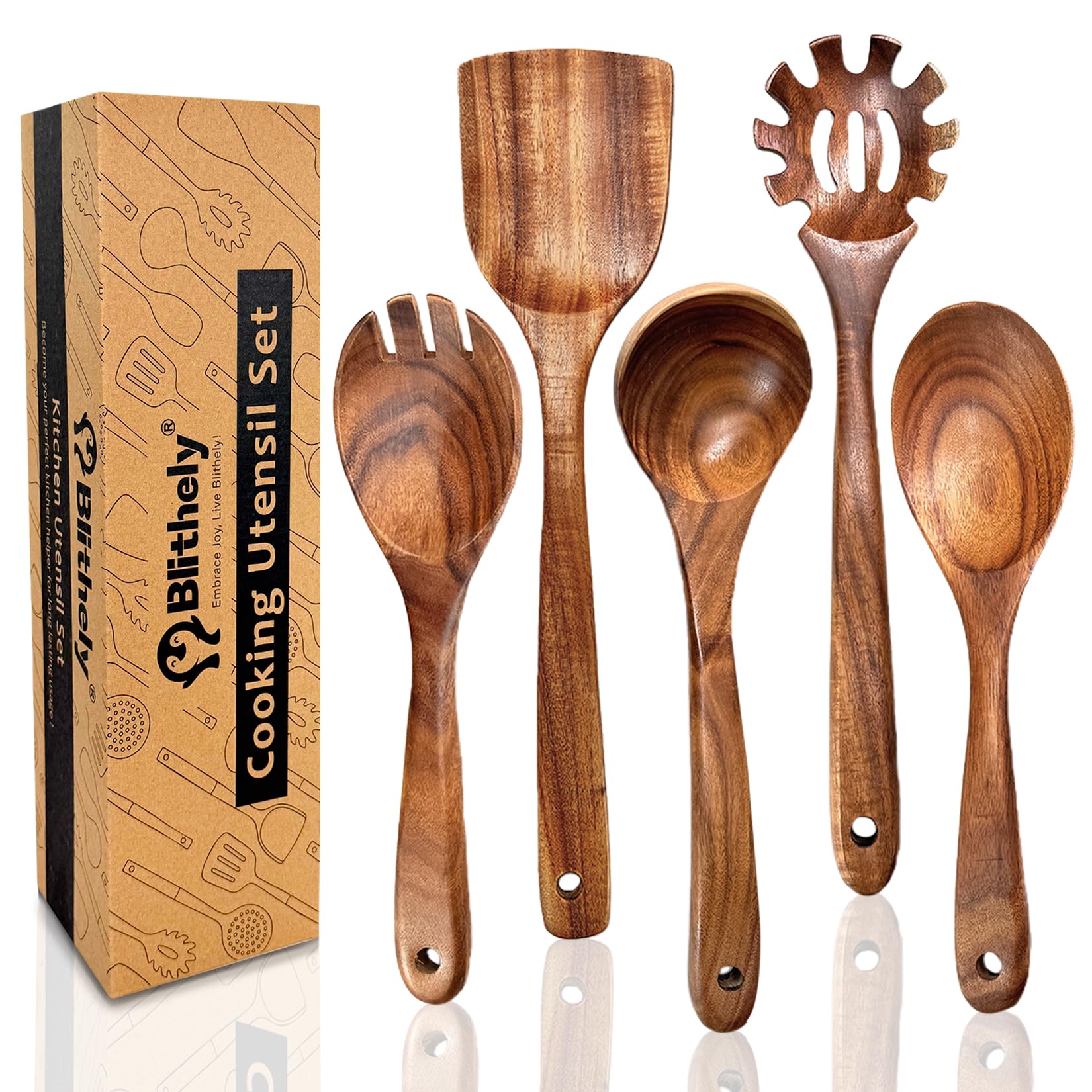 Juego de 5 utensilios de cocina de madera, juego de utensilios de cocina de madera de acacia natural para cocinar, juego de utensilios de cocina de madera antiadherente, juego de herramientas de