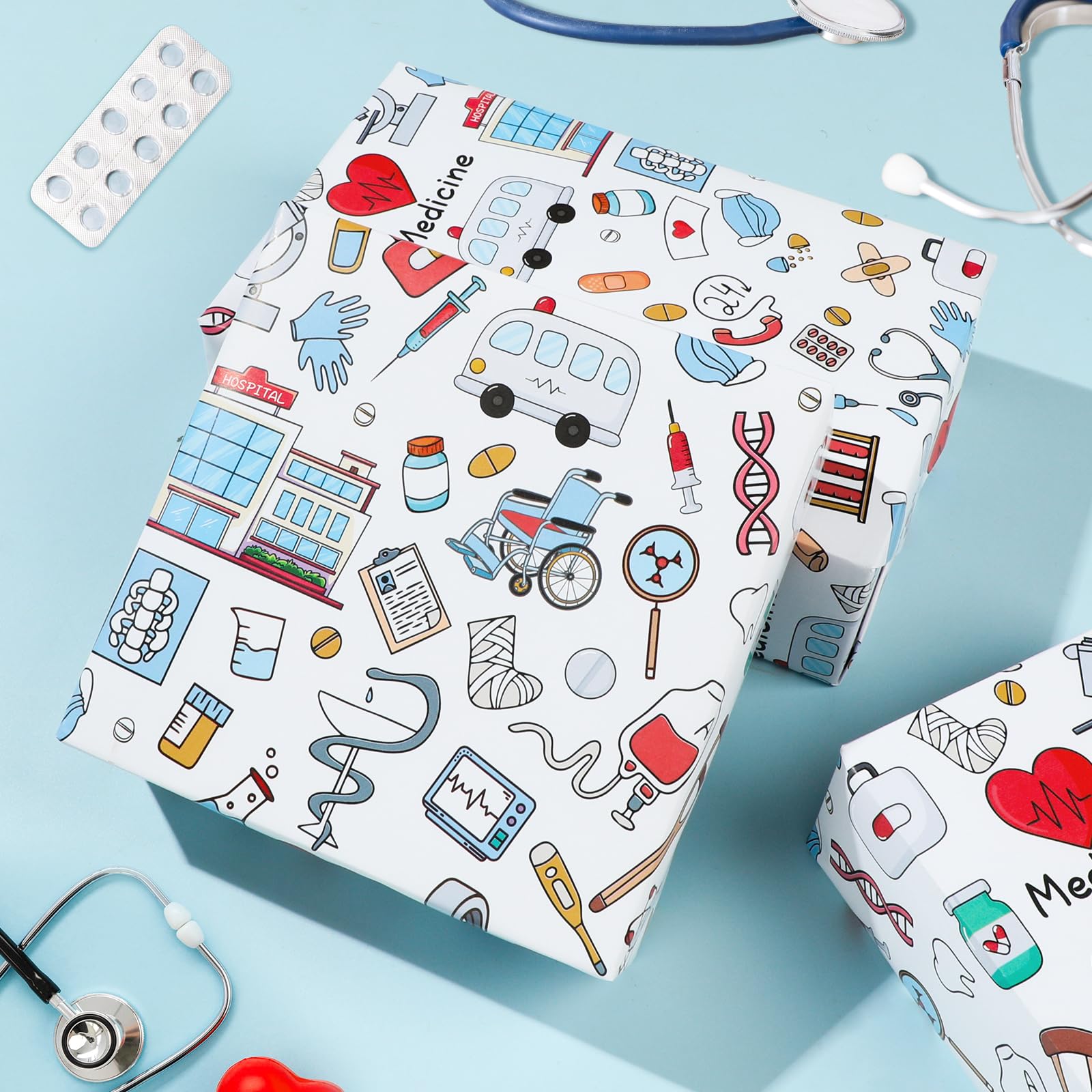 1 rolka medycznego papieru do pakowania - Doctor Nurse Hospital tematyczne opakowanie prezentowe na imprezy służby zdrowia, ukończenie szkoły, emeryturę, 43 cm x 497 cm