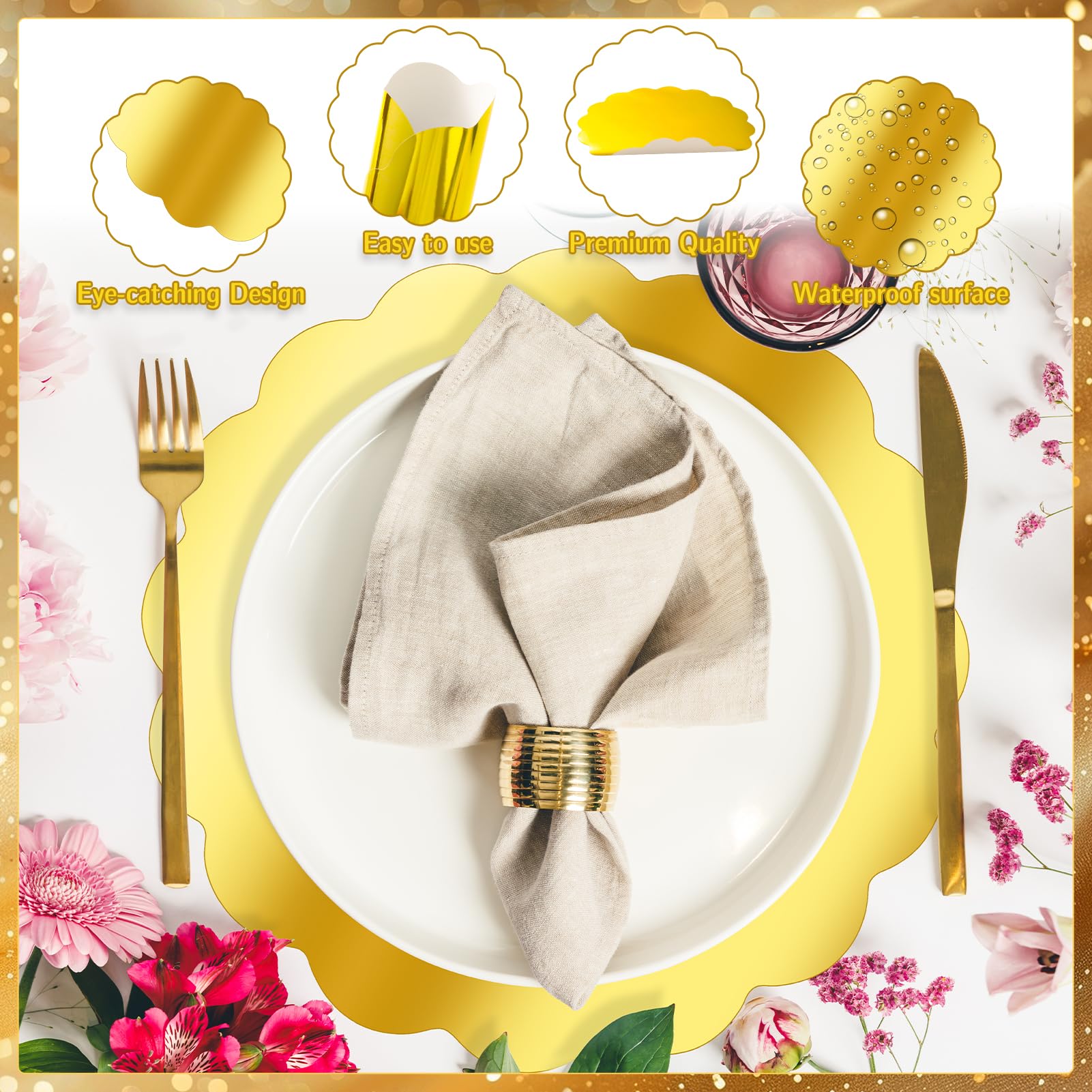 150 manteles individuales de papel dorado festoneado para platos de cena, manteles individuales desechables redondos de 13.5 pulgadas, a granel para Navidad, boda, fiesta de cumpleaños