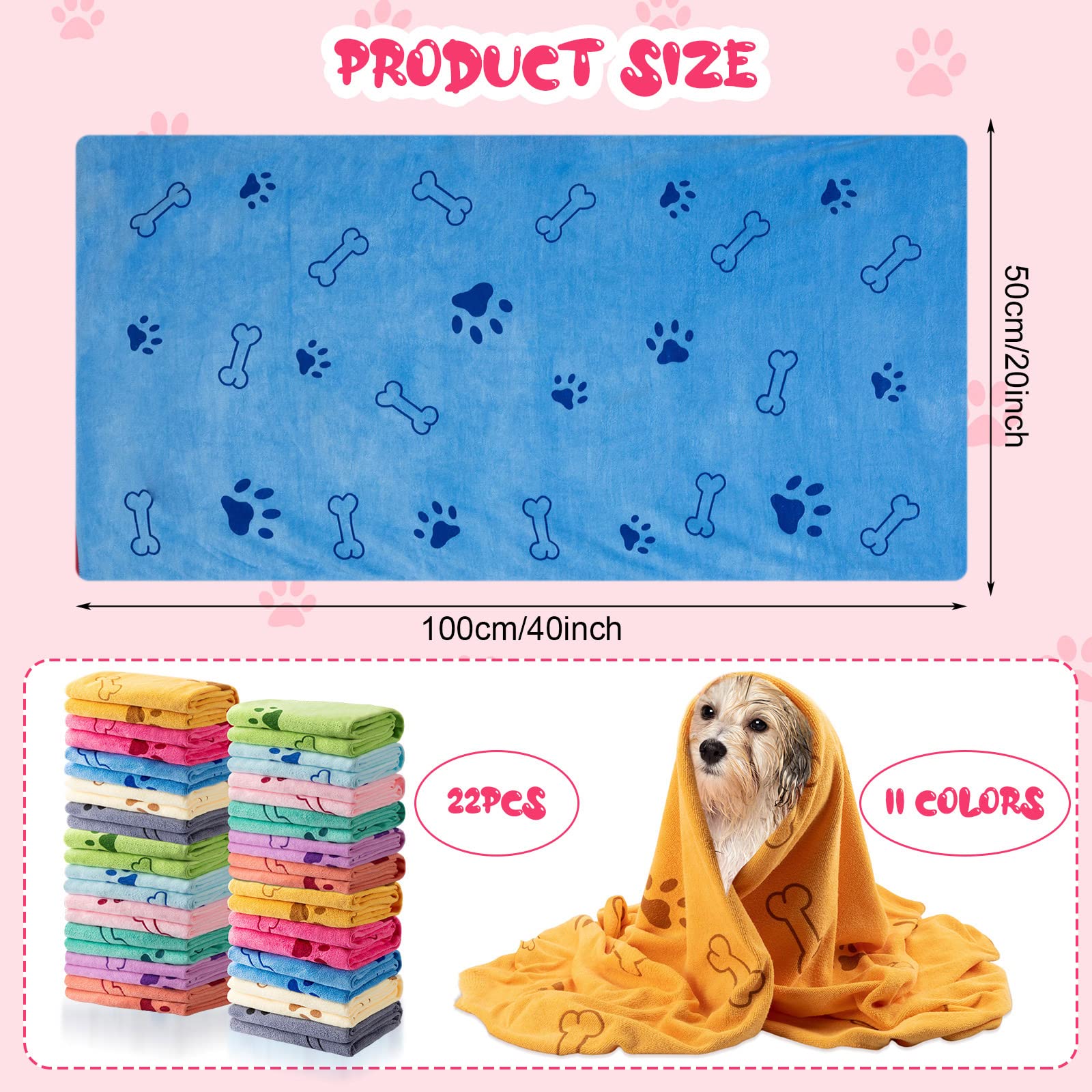 Tatuo 22 Stück Hundehandtücher zum Trocknen von Hunden, 50,8 x 101,6 cm, Haustier-Badetücher, saugfähiges Mikrofaser-Handtuch, schnell trocknend, Welpen, Badezubehör für kleine, mittelgroße und große