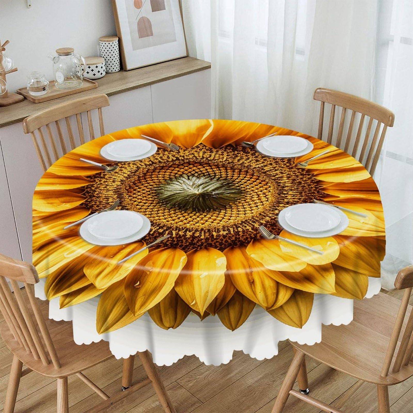 VstaDank A Flower Round Tablecloth 60 Inch Easy to Clean Circle Table Cover Thick Decorative Round Polyester Table Cloth for Dining Kitchen Party Farmhouse Outdoor