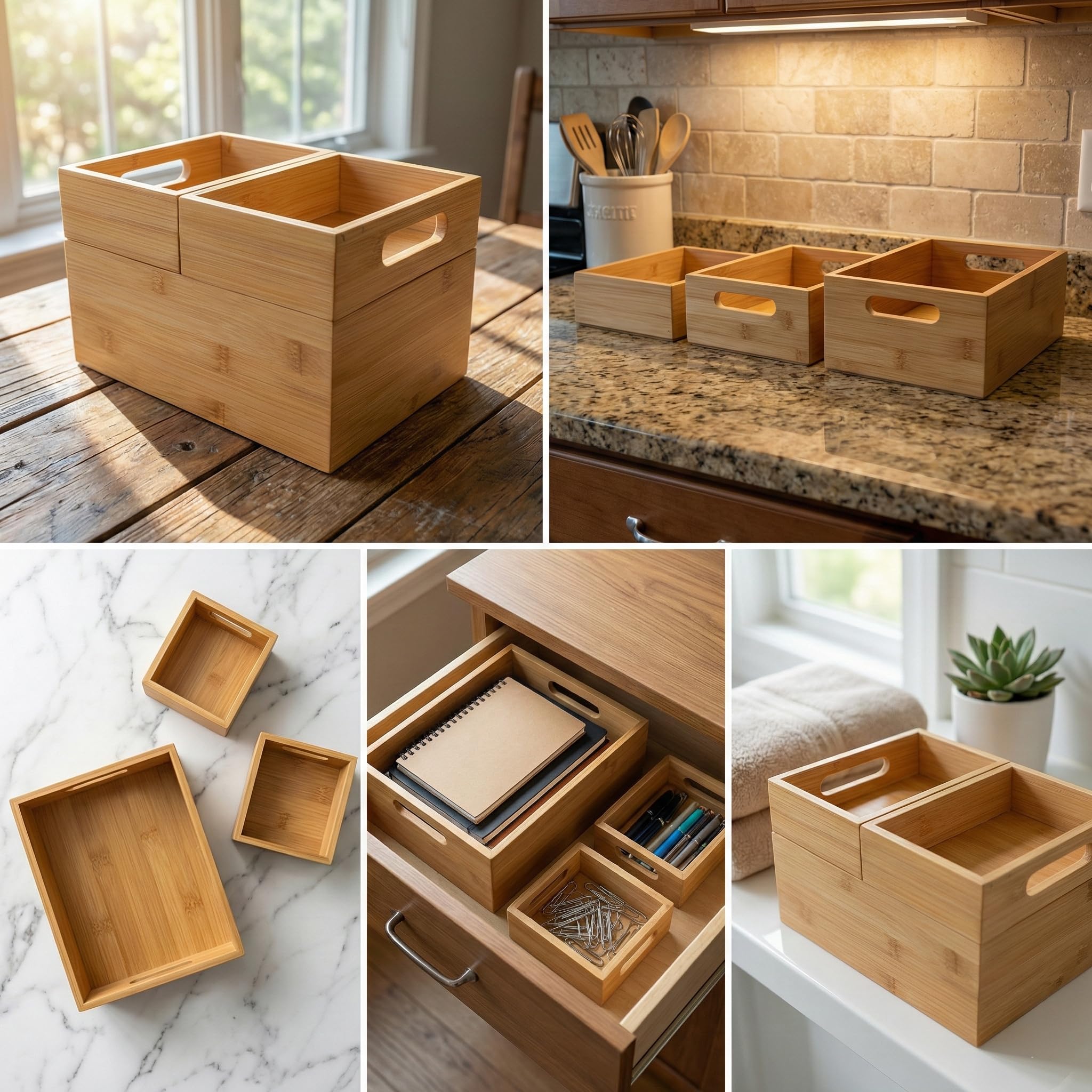 Deconox 3'lü Modüler Bambu Organizer Set - Üst Üste Geçebilen Çok Amaçlı Çekmece İçi ve Masaüstü Düzenleyici Kutu - Banyo, Mutfak ve Ofis İçin Ahşap Saklama Seti
