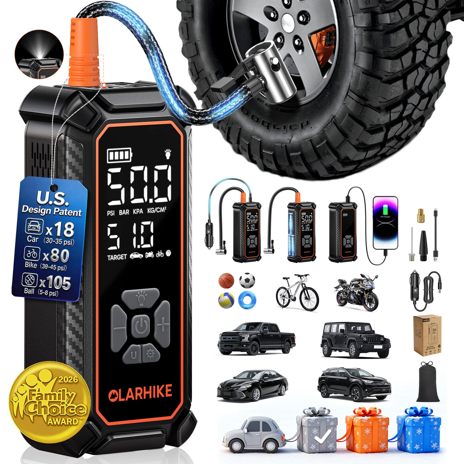 OlarHike Tire Inflator Portable Air Compressor,Dual Power-3*2000mAh &amp;12V DC