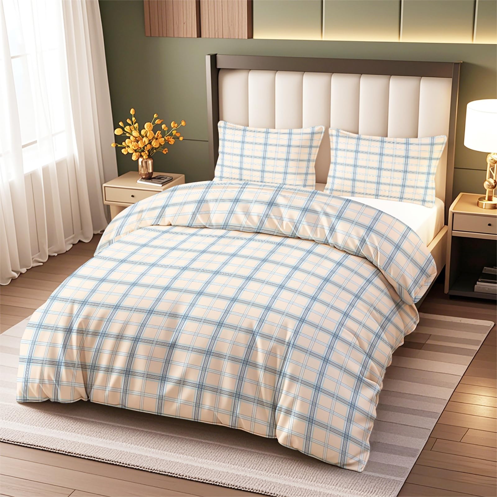 Vryxel Gingham Bedding Double Duvet Cover Set Bed Zipper Blue 200×200CM — image 1