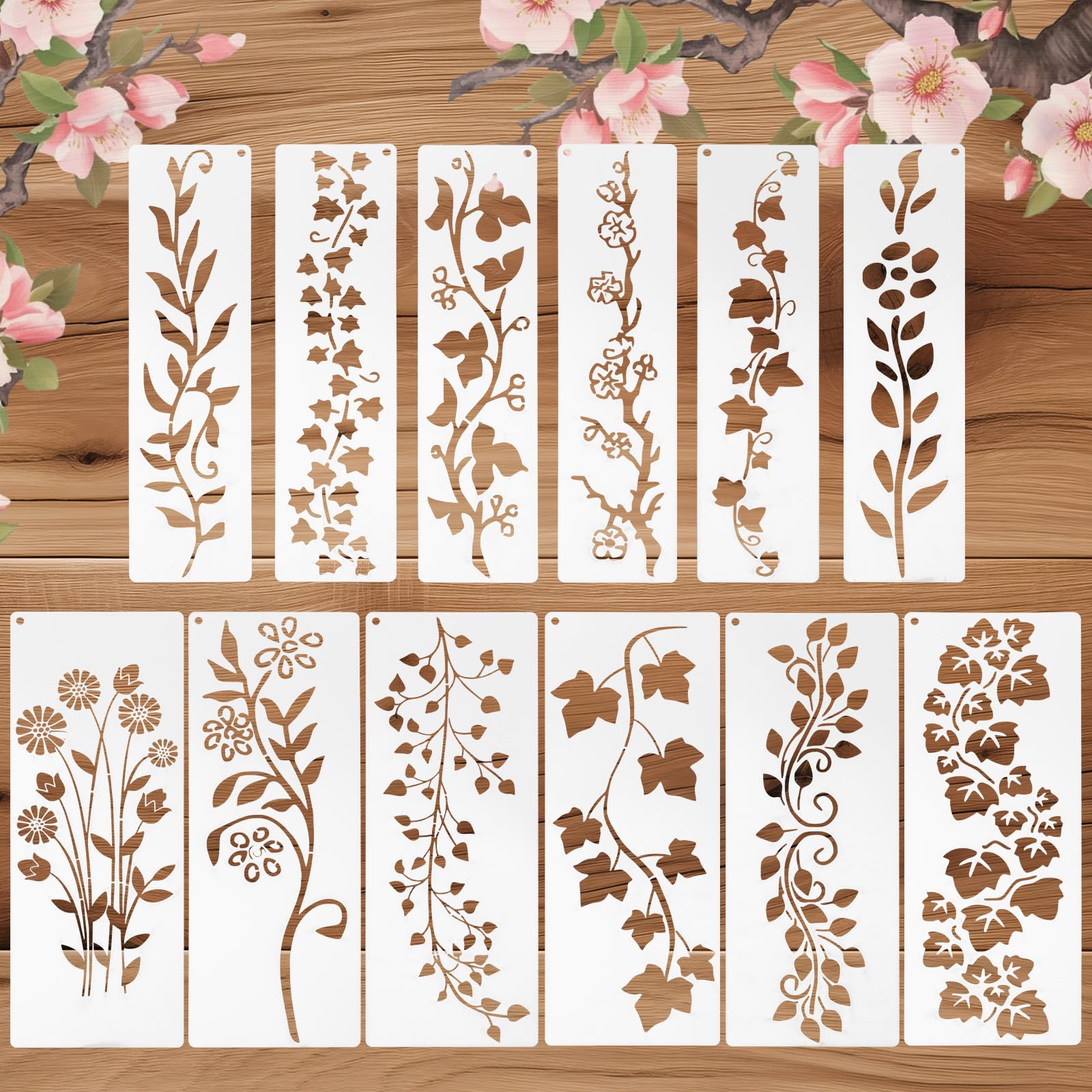 12 PCS Reusable Flower Stencils for Painting on Walls, Wood, Canvas, Fabric, Glass, and Pottery - Floral, Wildflower, and Botanical Leaf Stencil