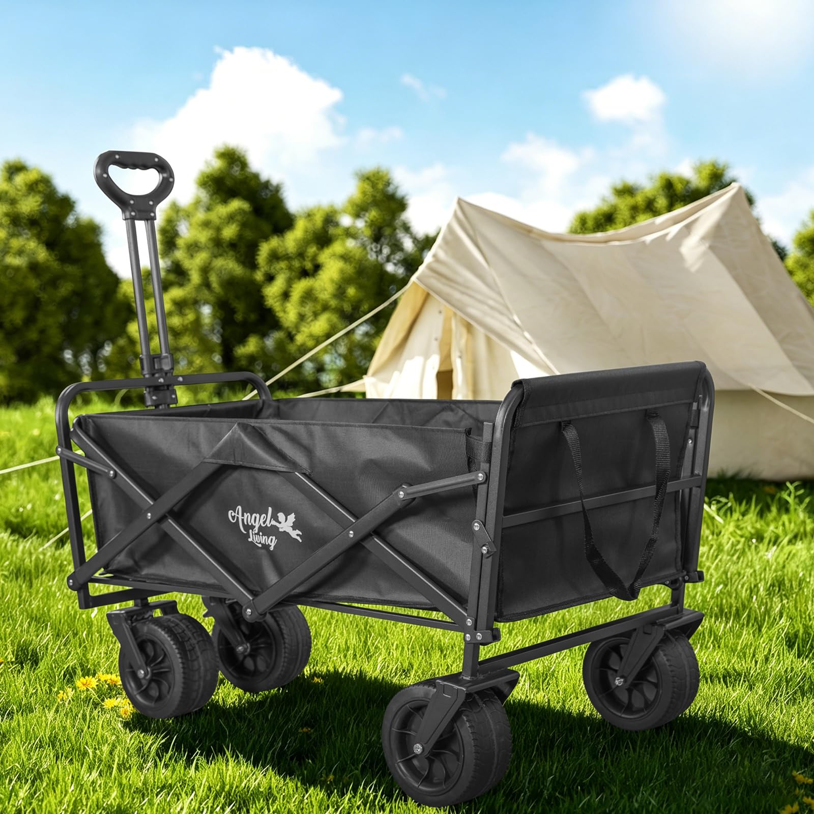 Angel Living 350L Carro Plegable de Mano con Frenos, Carrito de Playa con Ruedas Grandes de 7 Pulgadas, Carro de Camping de Todoterreno con Puerta Trasera Ajustable, para Camping, Deporte, etc