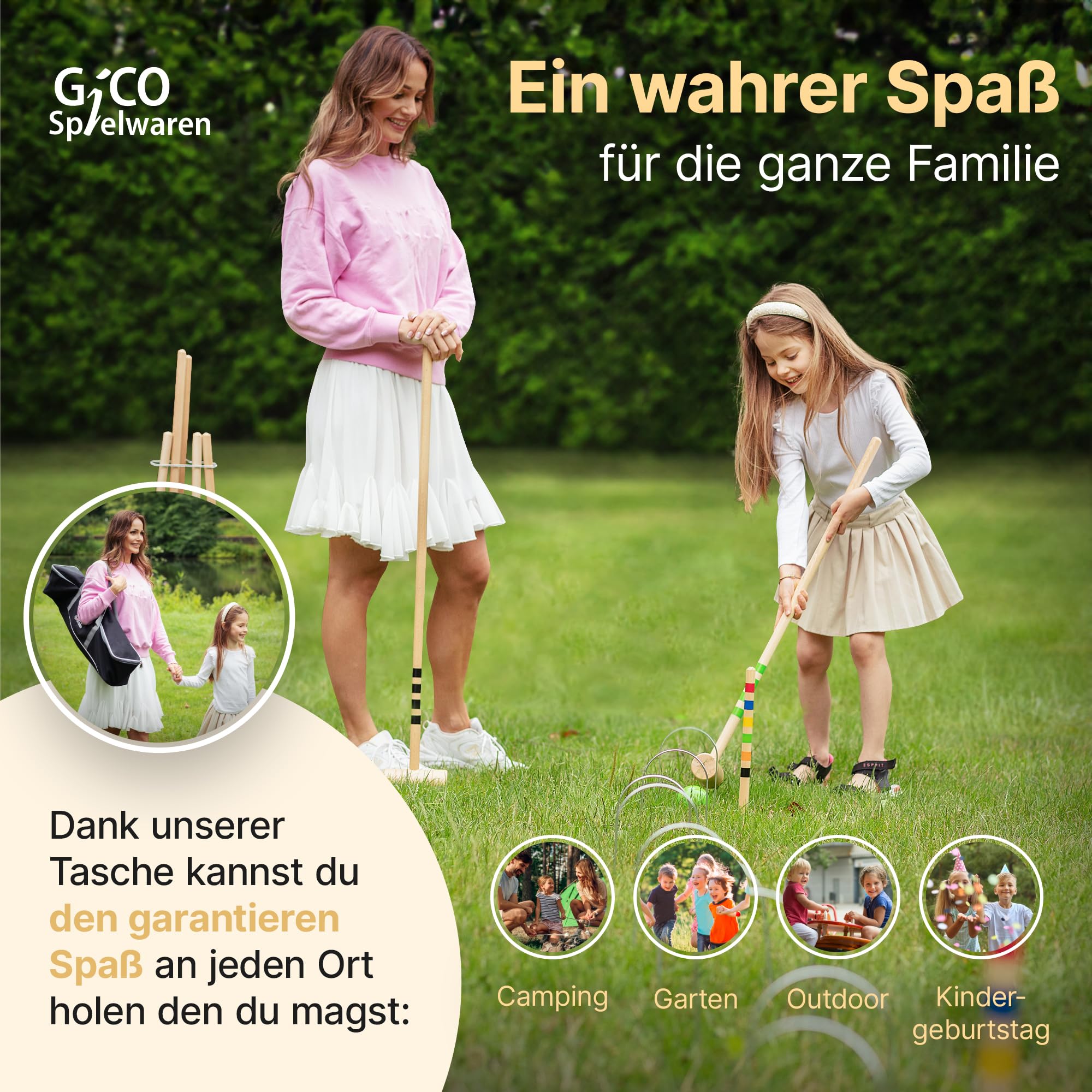 Wysokiej jakoœci zestaw GICO do gry w krokieta (100 cm) - zabawa na œwie¿ym powietrzu / w ogrodzie - wysokiej jakoœci produkty z litego drewna dla dzieci i doros³ych 3246