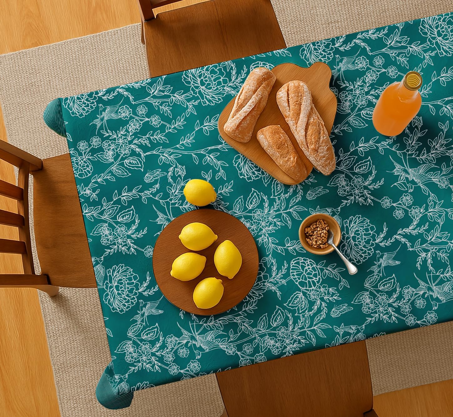 Floral Print Tablecloth - Teal Cotton Twill Fabric, 54x54 Inch Square Dining Table Cover for 4 Seater, Durable, Machine Washable, Everyday Dining, Matching Napkins & Runners Available