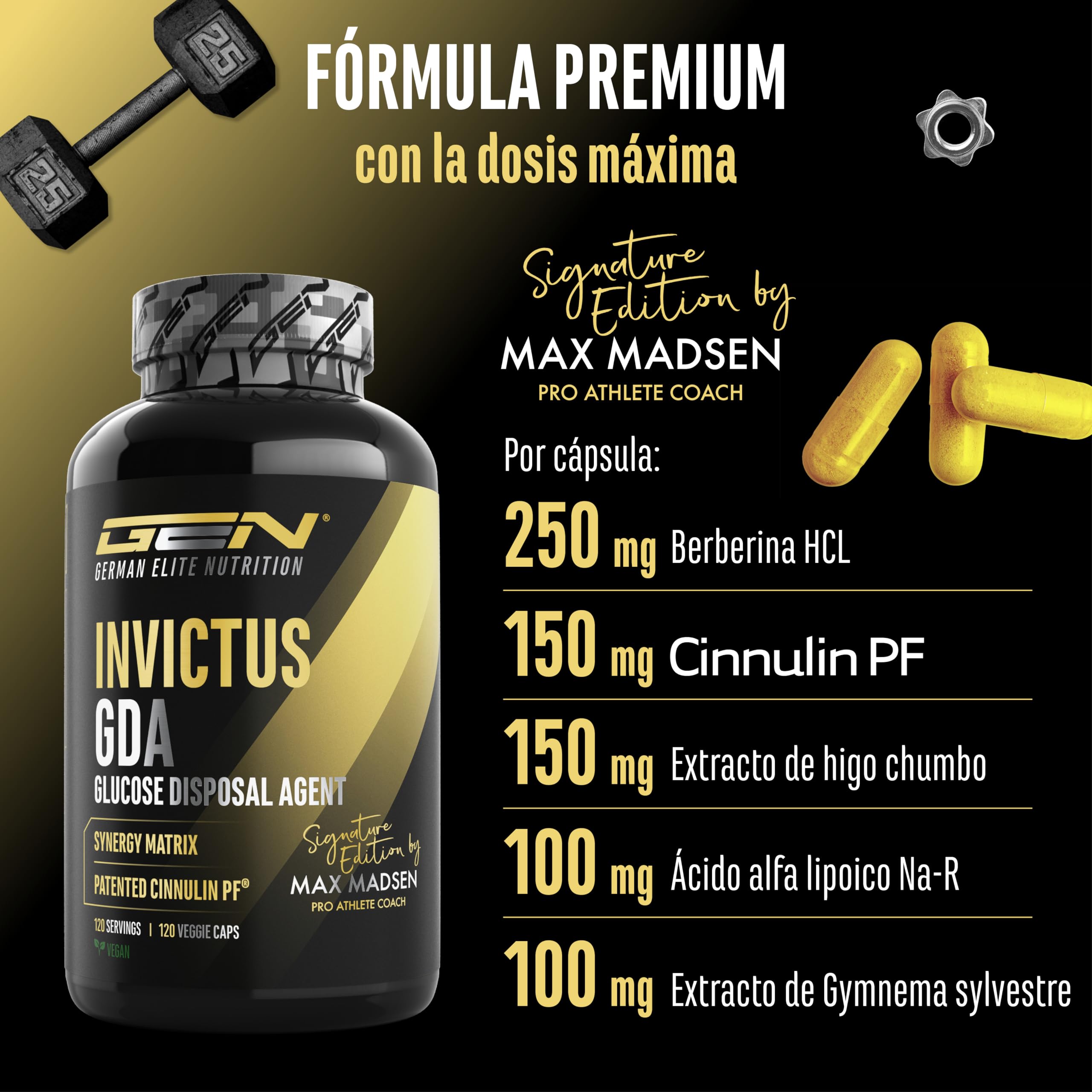 Invictus G.D.A – Complejo GDA de alta dosis con berberina, Cinnulin PF® (extracto de corteza de canela) y ácido R-alfa-lipoico bioactivo – 120 cápsulas veganas
