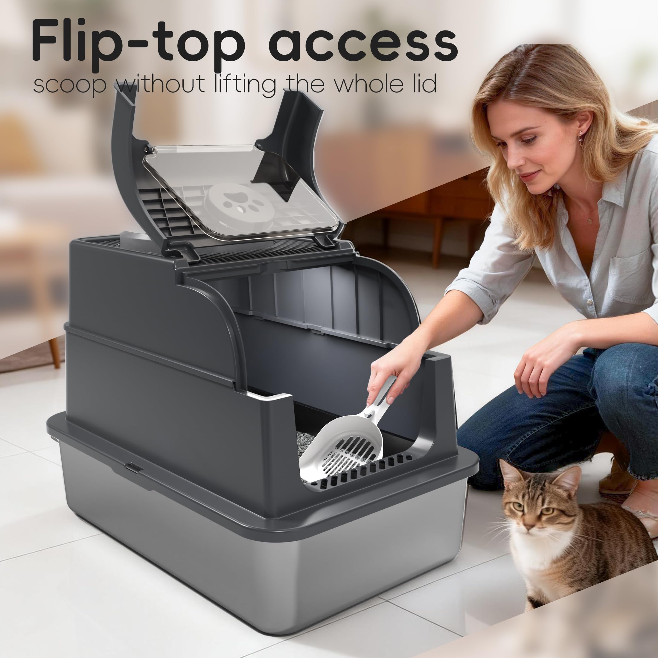 PAKEWAY Große Katzentoilette Edelstahl, XXL 3-in-1 Geschlossen & Offen, Mit Klappdeckel & Anti-Tracking-Stufe, Geruchskontrolle, Leicht zu Reinigen