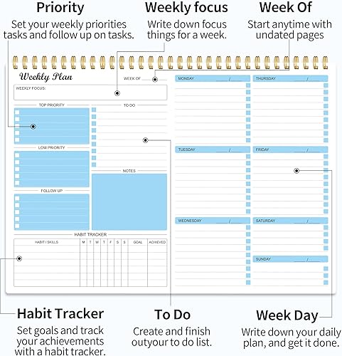 Miniatura 3 de Agenda semanal, bloc de notas, agenda semanal sin fecha, lista de tareas, cuaderno de planificación, cuaderno de planificación de hábitos, diario