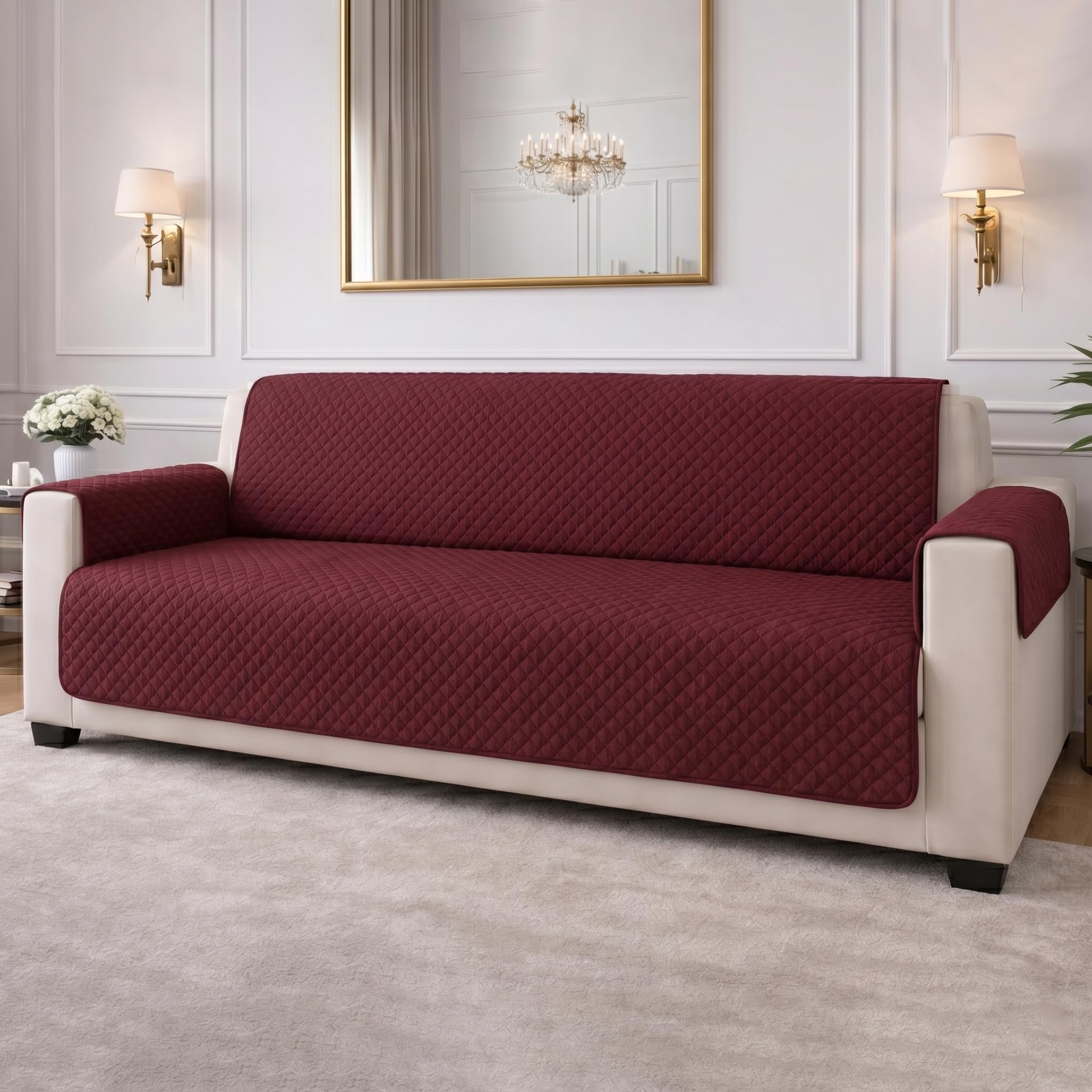 STITCHNEST 'Airsoft Range Series' Solid Quilted Velvet Sofa Cover for 1 Seater | Premium Soft Velvet Sofa Protector | Maroon Diamond Quilted Design with Armrest Pockets | Furniture Cover